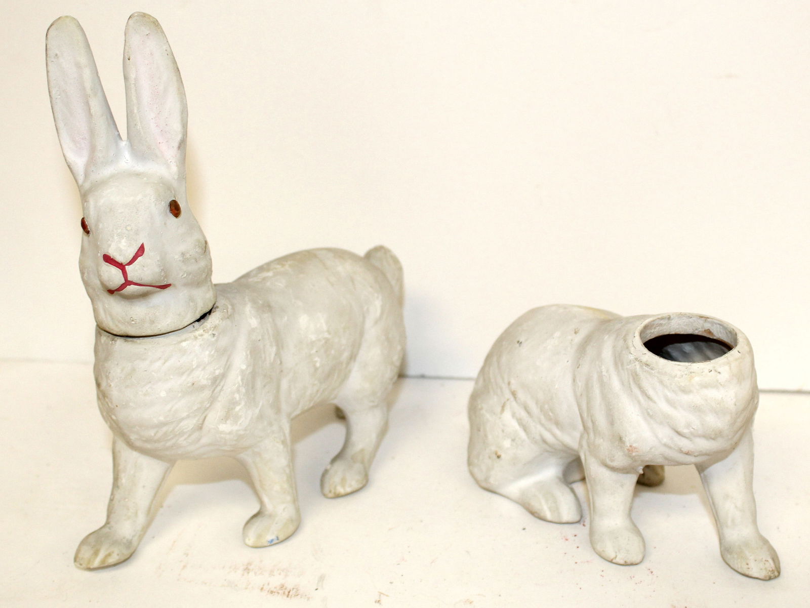 Lot of vintage German Easter rabbit candy containers in white - 1 missing head - 7" tall x 7" long (1 of 8)
