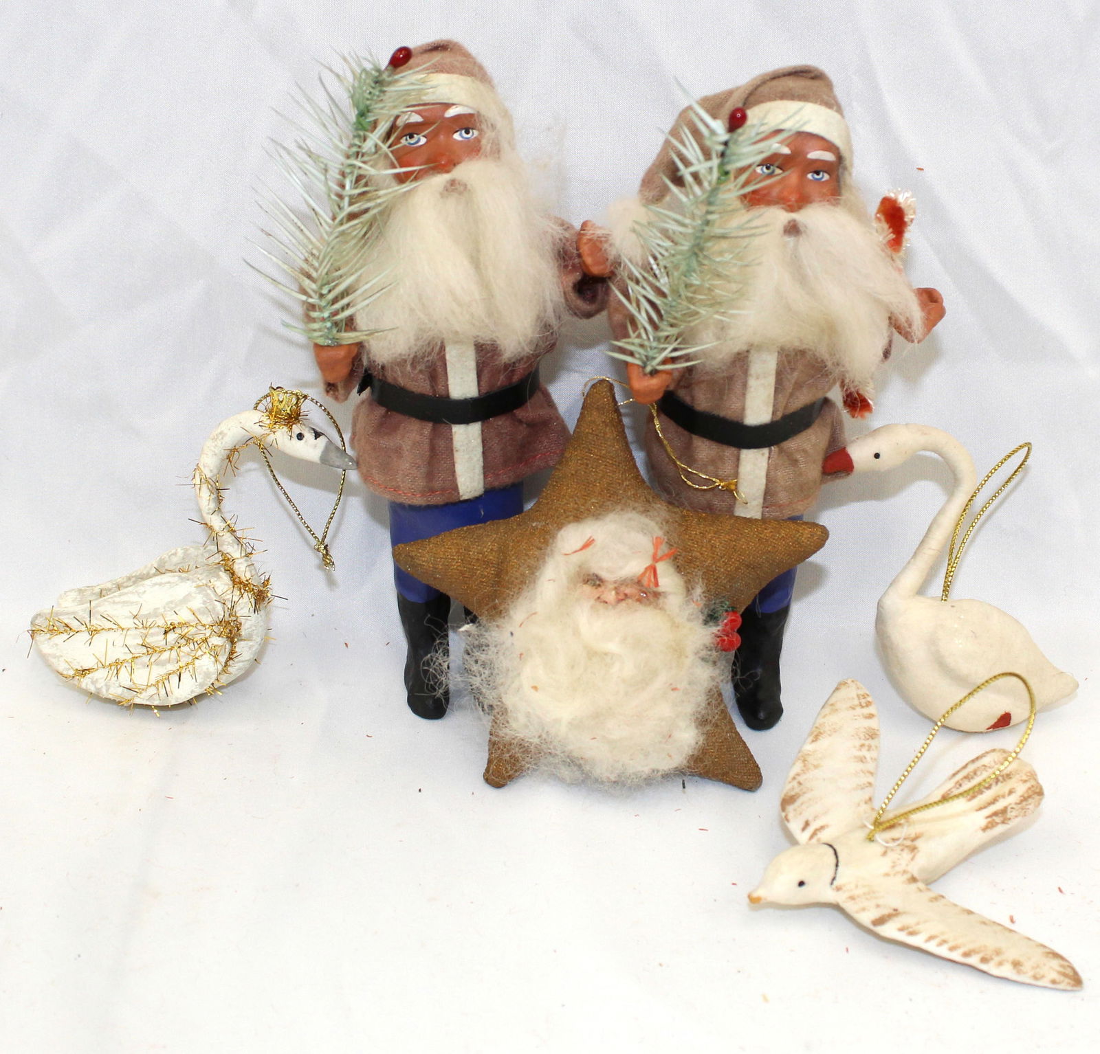 Lot of 6 Christmas items incl 2 Santa's holding trees plus swan, Santa & dove ornaments (1 of 6)