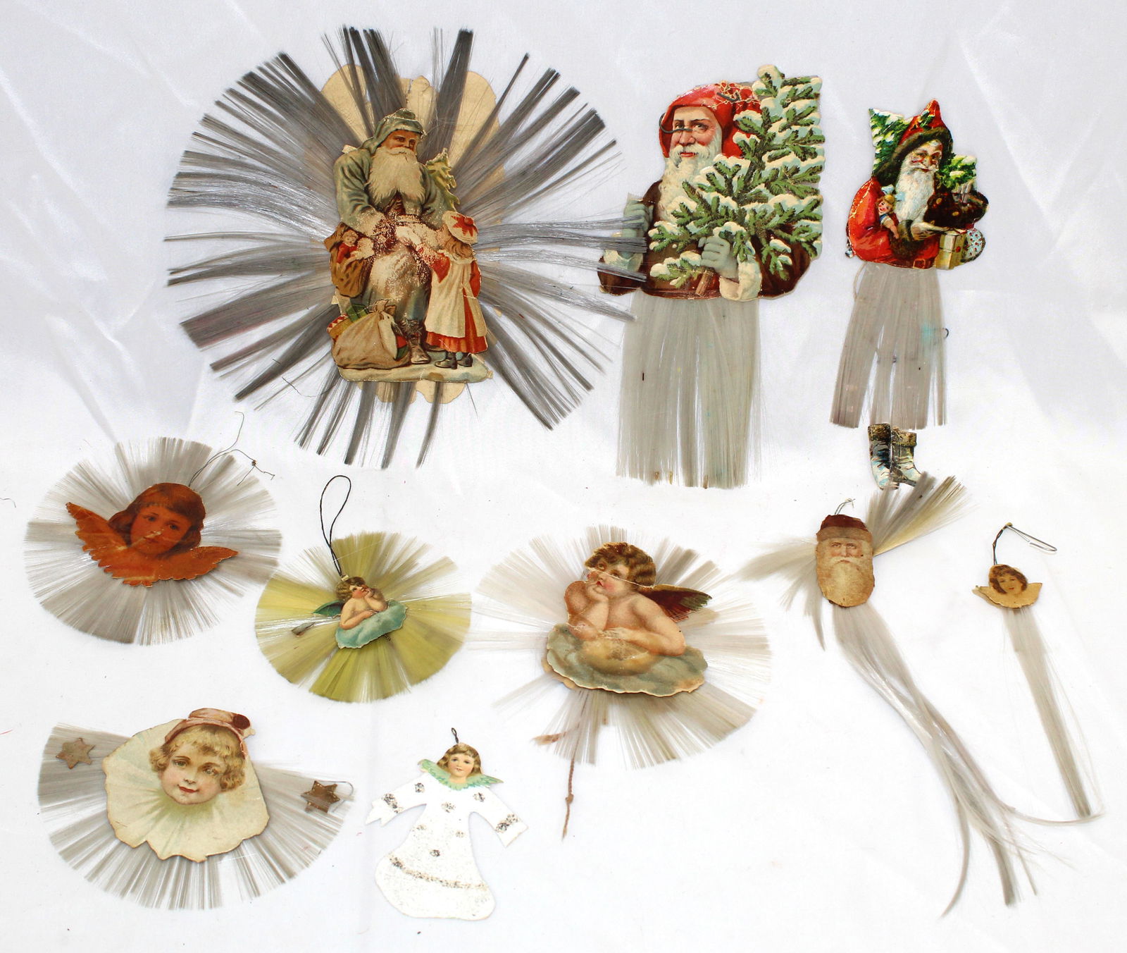 Lot of 10 Victorian scrap paper & spun glass angels & Santa's motif ornaments (1 of 5)