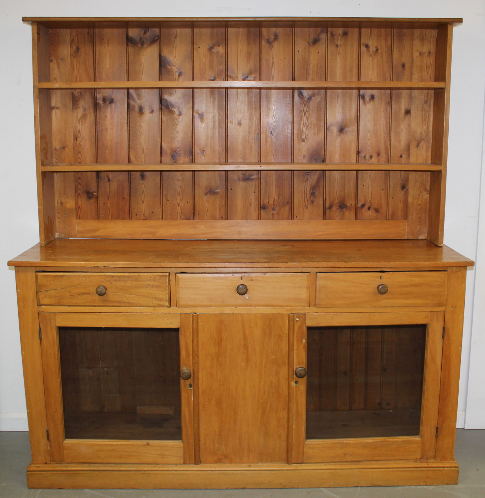 Antique large step back cupboard w shelf top & 3 drawers over 2 doors base - 77" tall x 72" wide x: Antique large step back cupboard w shelf top & 3 drawers over 2 doors base - 77" tall x 72" wide x 20 1/2" deep