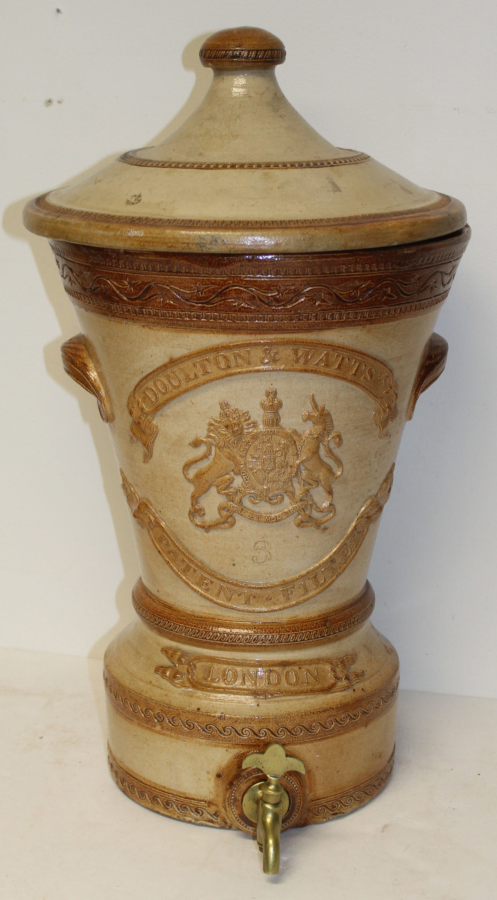Antique stoneware water cooler "Doulton & Watts London" - 22 1/2" tall x 13" diam: Antique stoneware water cooler "Doulton & Watts London" - 22 1/2" tall x 13" diam