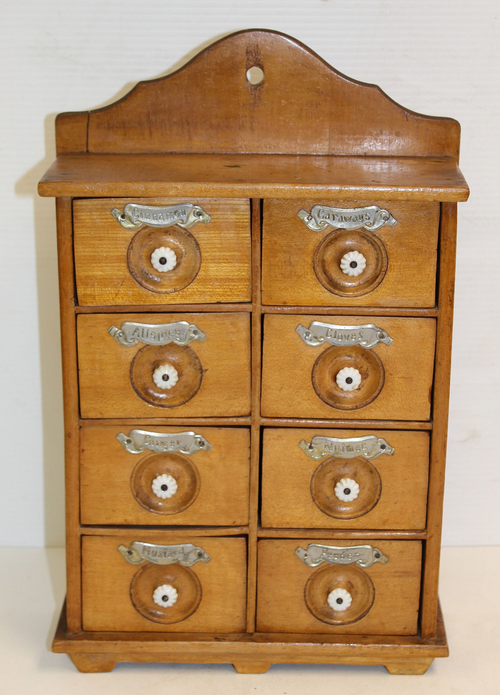 Antique 8 drawers spice chest w porcelain knobs & metal spice labels on drawers - 15" tall x 9 3/4": Antique 8 drawers spice chest w porcelain knobs & metal spice labels on drawers - 15" tall x 9 3/4" wide x 3 1/2" deep
