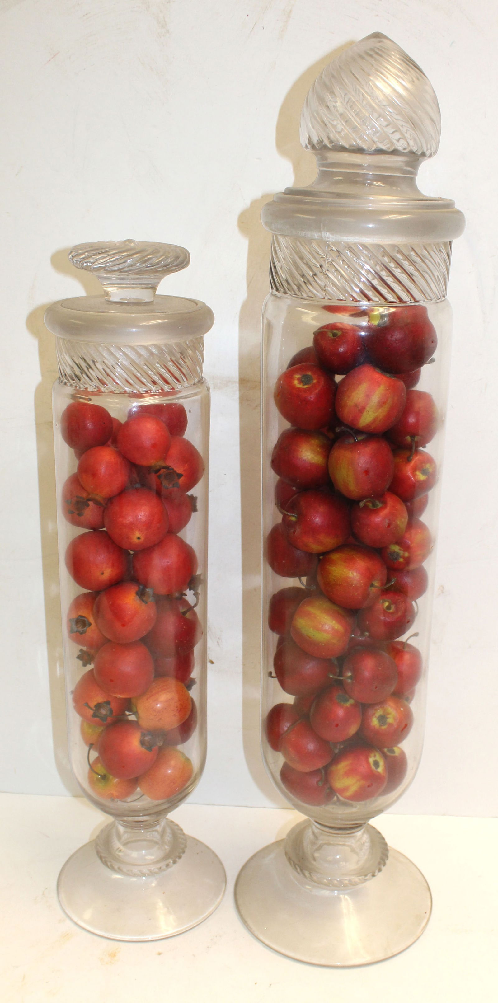 Lot of 2 antique glass apothecary jars w lids - 26" tall & 20 3/4" tall: Lot of 2 antique glass apothecary jars w lids - 26" tall & 20 3/4" tall