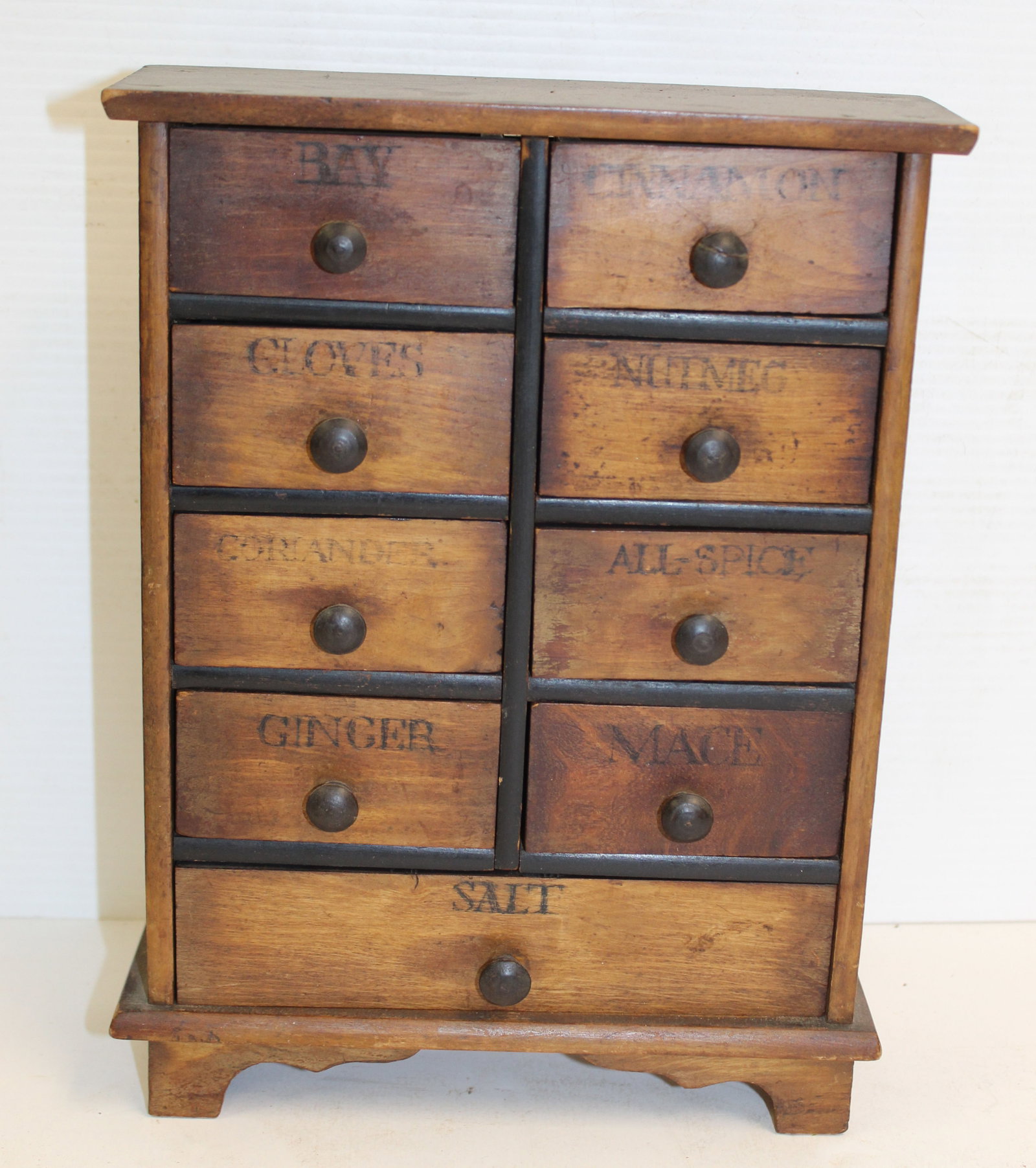 Antique 8 drawer over 1 drawer spice chest w stenciled labels & wooden knobs - 11 1/4" tall x 8 1/2": Antique 8 drawer over 1 drawer spice chest w stenciled labels & wooden knobs - 11 1/4" tall x 8 1/2" wide x 3" deep