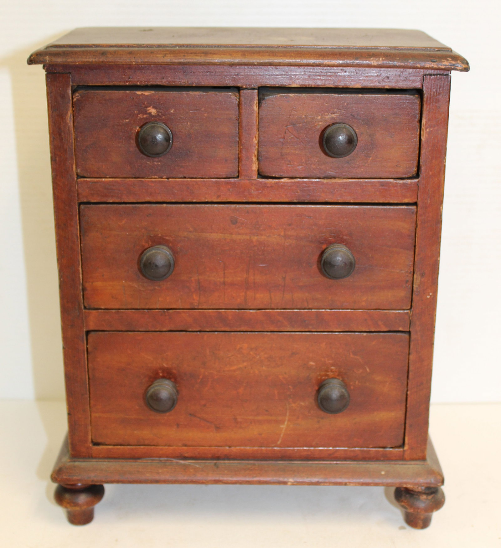 Antique wooden 2 over 2 drawer footed spice chest w wooden knobs - 10" tall x 8 1/2" wide x 4 1/2": Antique wooden 2 over 2 drawer footed spice chest w wooden knobs - 10" tall x 8 1/2" wide x 4 1/2"