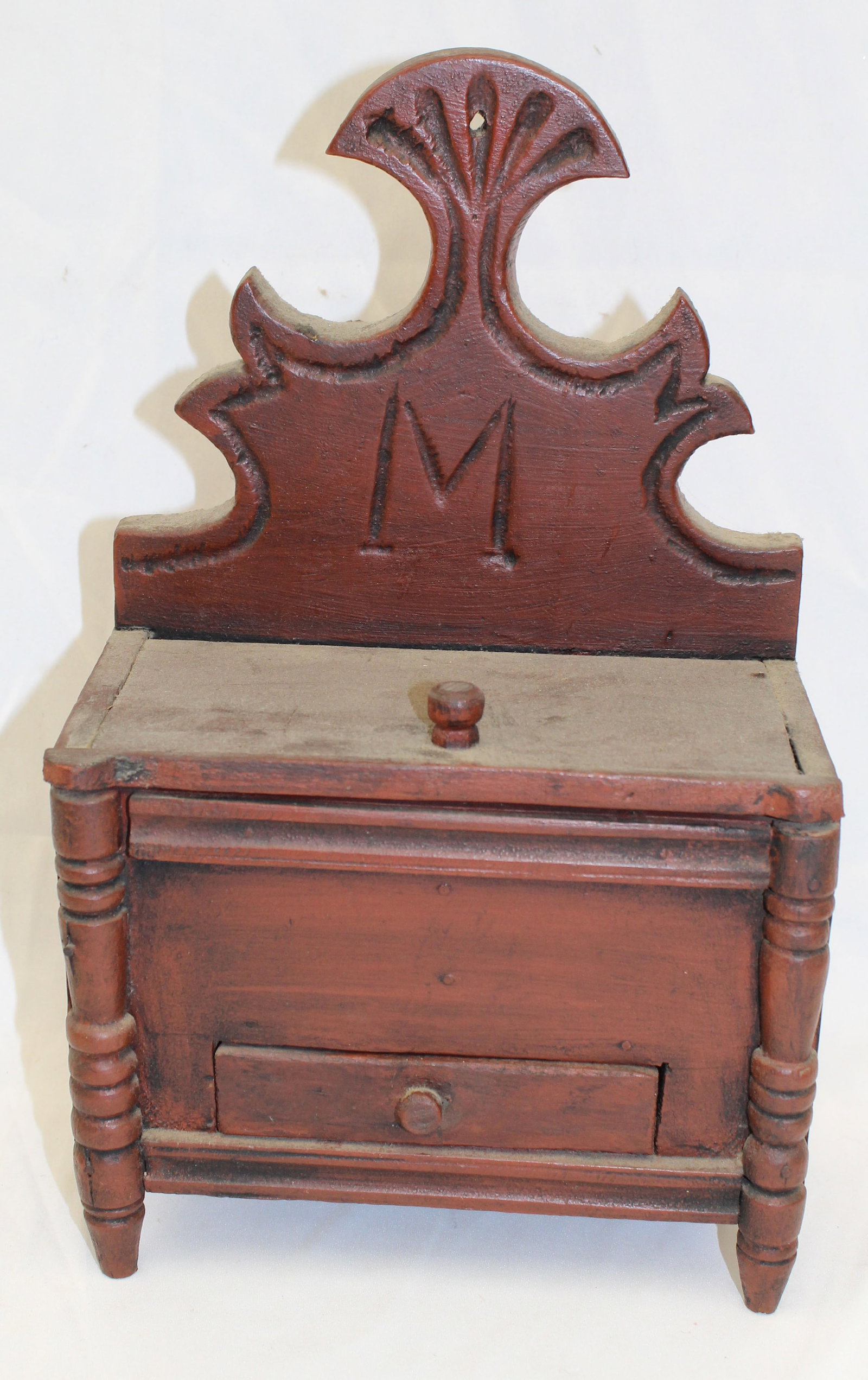 Antique wooden 1 drawer lift top salt box w initial "M" carved in back splash - 13 1/2" tall x8 1/4": Antique wooden 1 drawer lift top salt box w initial "M" carved in back splash - 13 1/2" tall x8 1/4" x 4 1/4"