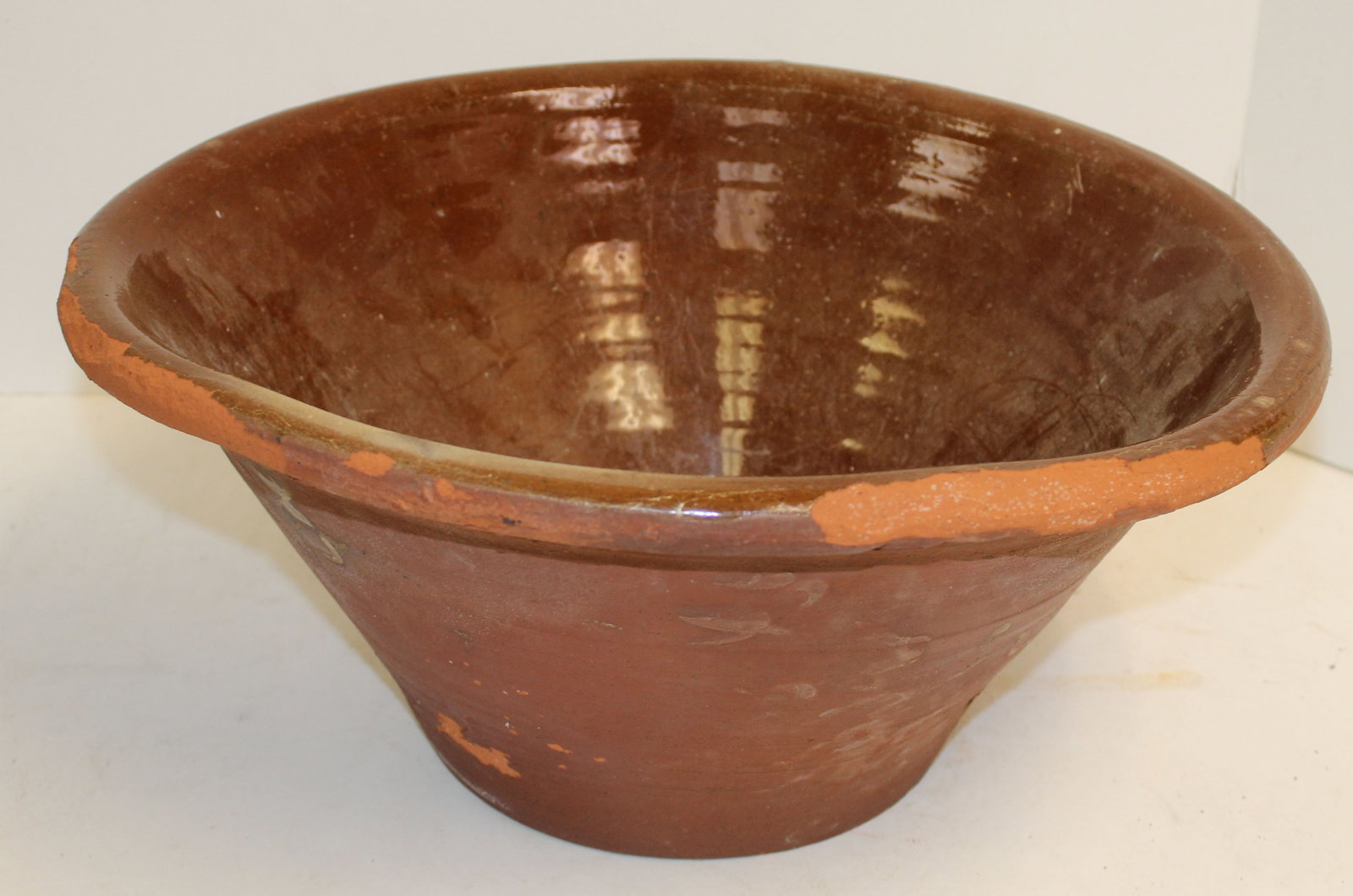 Large antique redware bowl - 7 1/2" tall x 16" diam: Large antique redware bowl - 7 1/2" tall x 16" diam