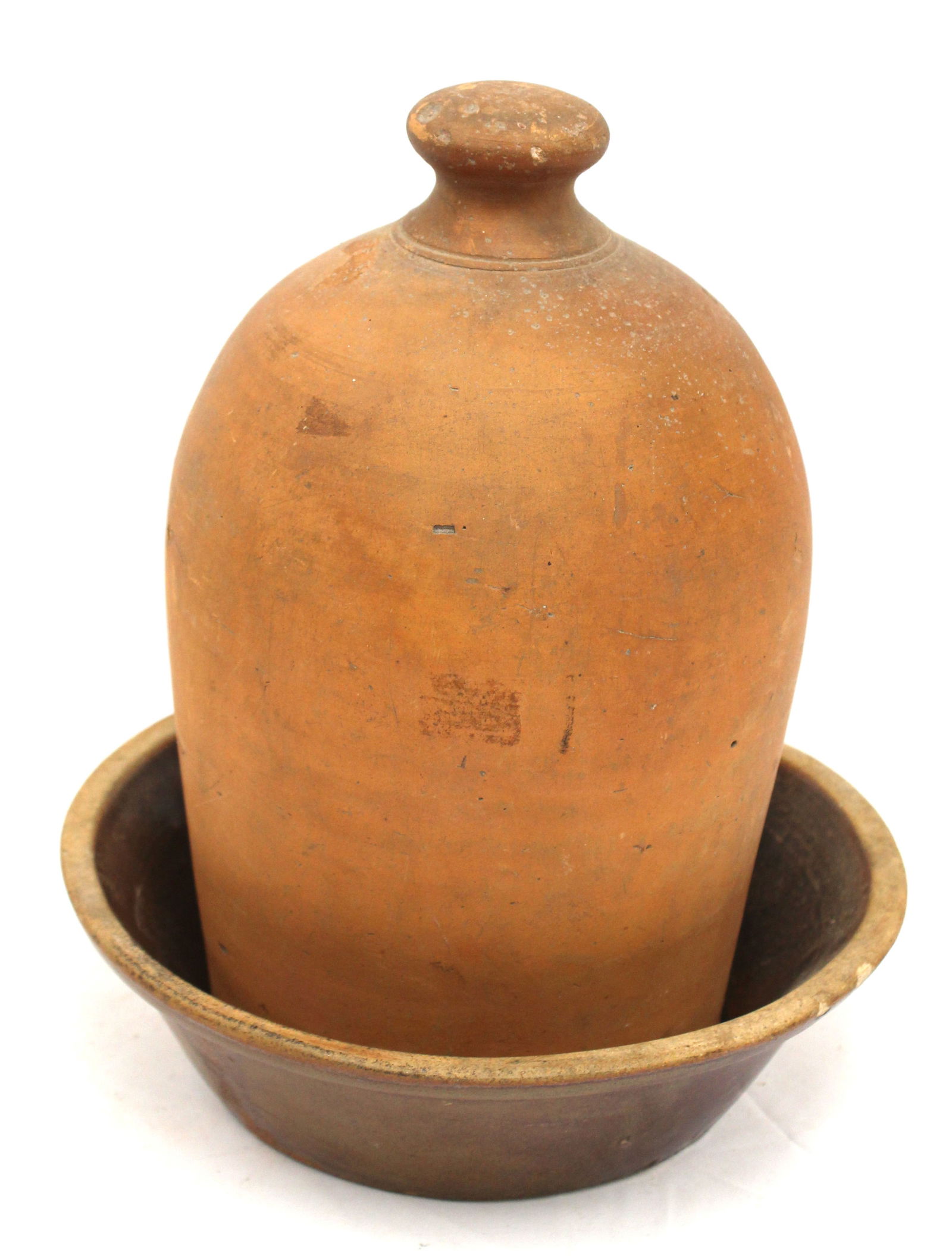 Antique redware chicken water feeder with a stoneware bowl - 12" tall feeder & 6 1/4" diam x 2 3/4": Antique redware chicken water feeder with a stoneware bowl - 12" tall feeder & 6 1/4" diam x 2 3/4" bowl
