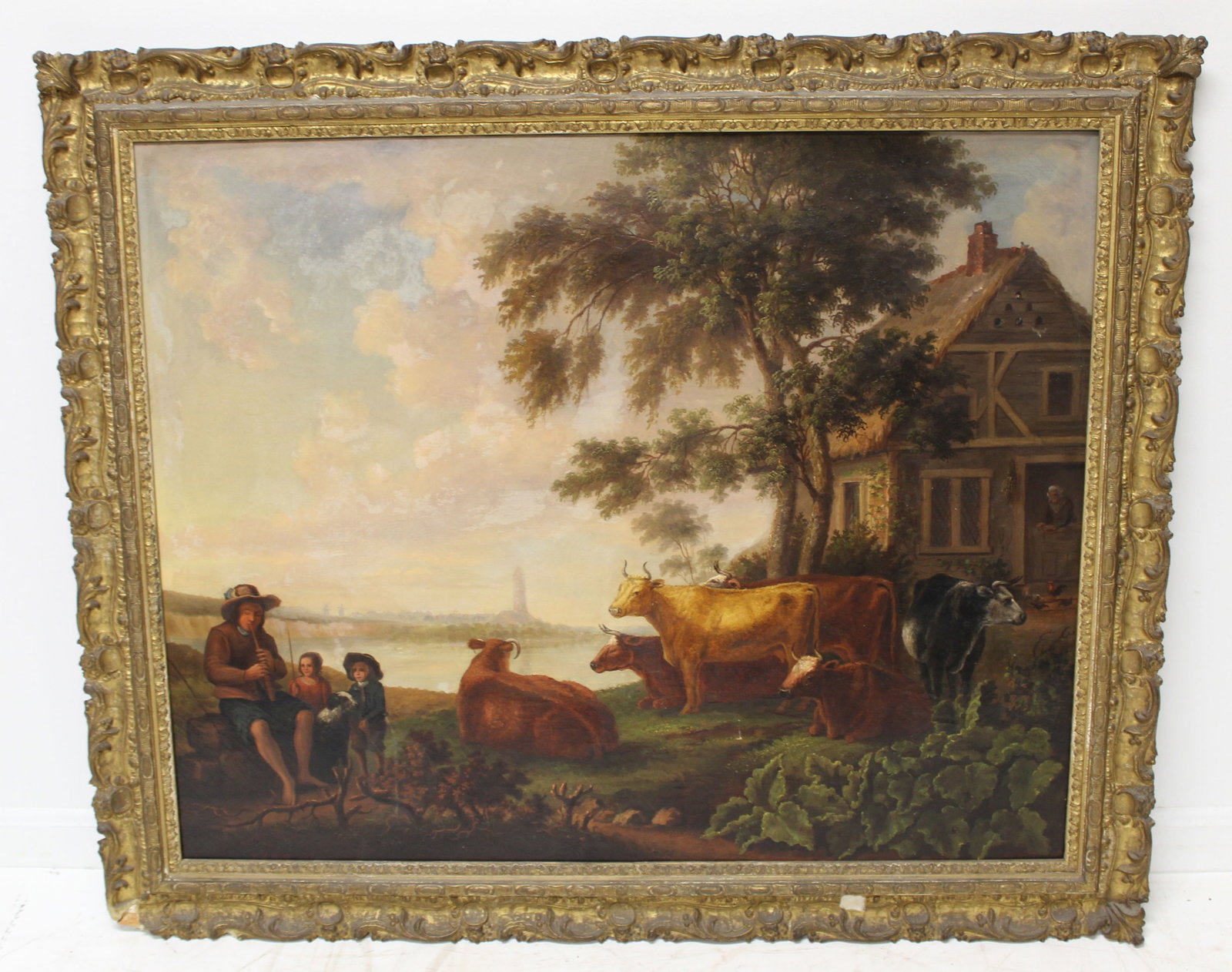 Large o/c riverscape scene w cows, father playing flute w 2 children - overall framed size 35: Large o/c riverscape scene w cows, father playing flute w 2 children - overall framed size 35 1/2"x42"