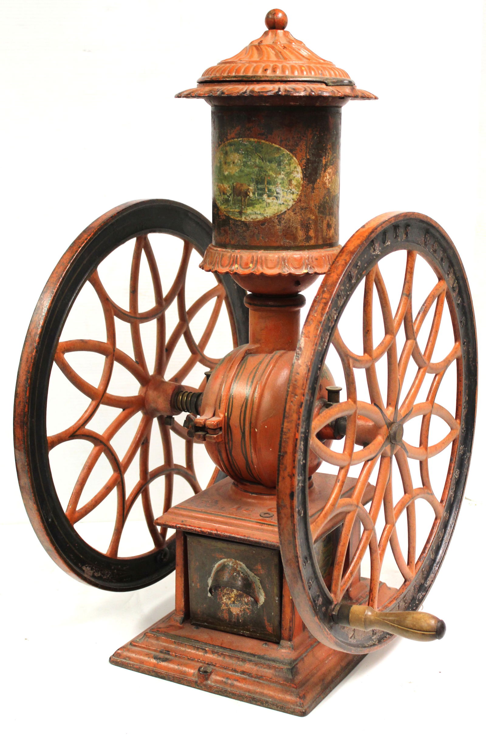 Large antique cast iron coffee grinder in red paint - size 15 by Smith Lane Brothers - 30" tall x: Large antique cast iron coffee grinder in red paint - size 15 by Smith Lane Brothers - 30" tall x 14" wide not incl handle x 19 1/2" wheel diam