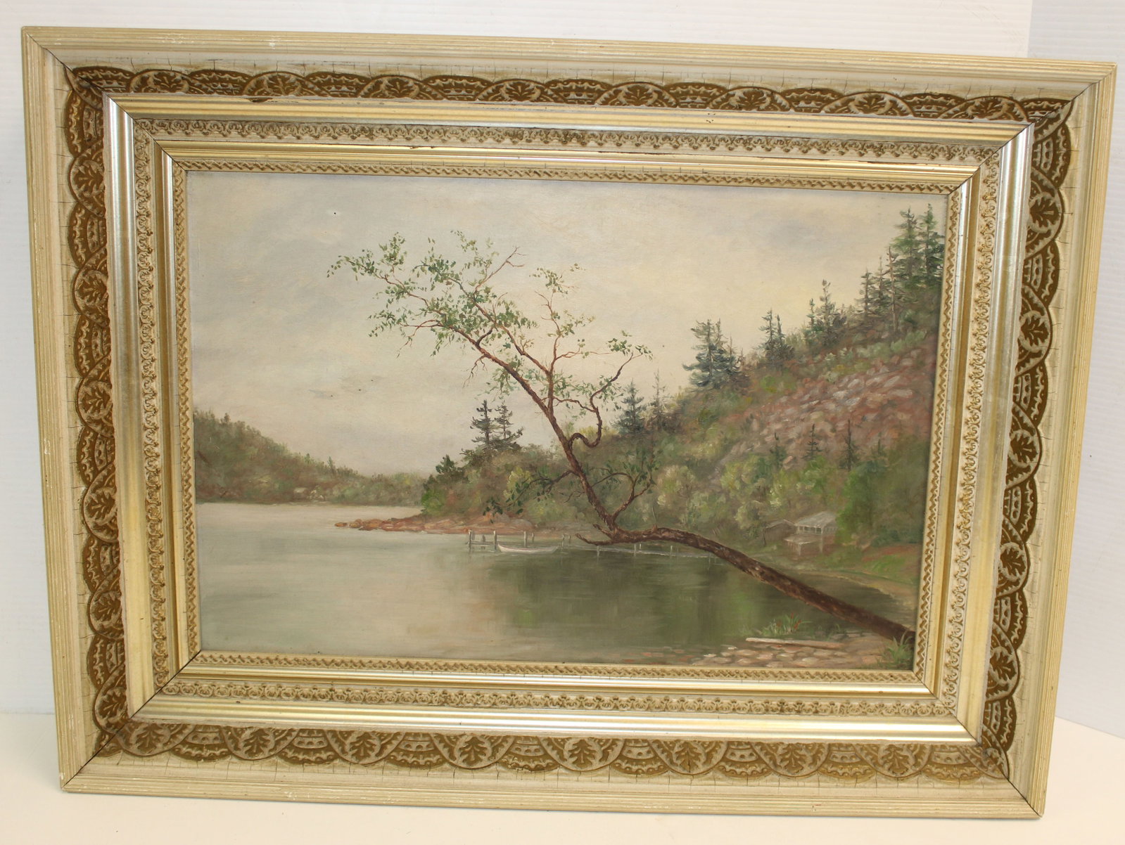 19thC o/c Lake George, NY scene - inscription on verso - overall framed size 18"x24": 19thC o/c Lake George, NY scene - inscription on verso - overall framed size 18"x24"