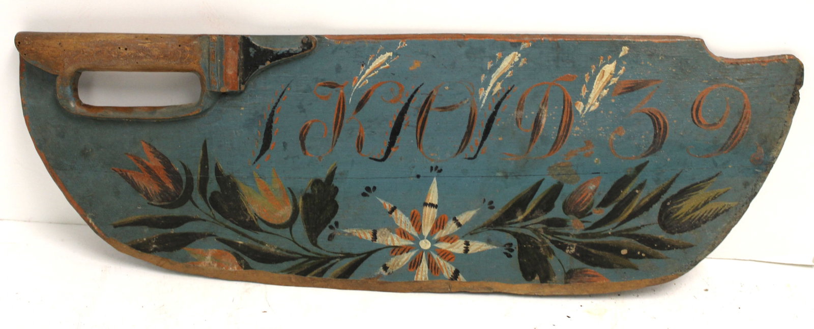 Antique paint decorated bed smoother with initials & dated '39 - 20"x6 1/2: Antique paint decorated bed smoother with initials & dated '39 - 20"x6 1/2