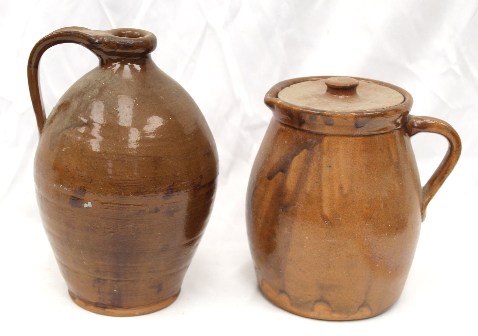 Lot of 2 redware items incl handled covered pitcher & jug - 7 3/4" & 9 1/2" tall: Lot of 2 redware items incl handled covered pitcher & jug - 7 3/4" & 9 1/2" tall
