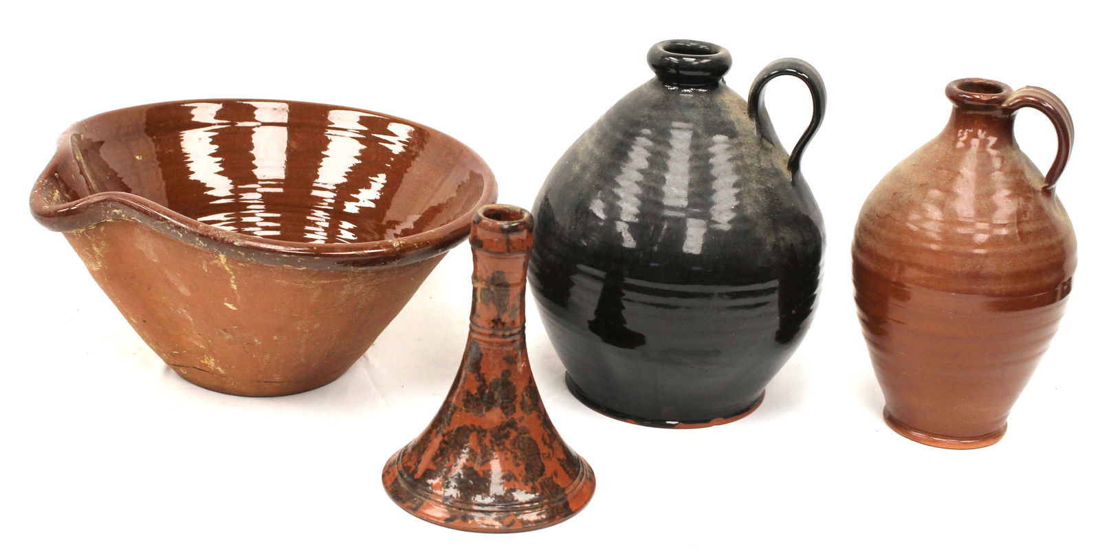 Lot of 4 pieces of contemporary redware incl 11" diam batter bowl, 6 1/2" candlestick & 2 jugs 9" &: Lot of 4 pieces of contemporary redware incl 11" diam batter bowl, 6 1/2" candlestick & 2 jugs 9" & 9 1/2" tall