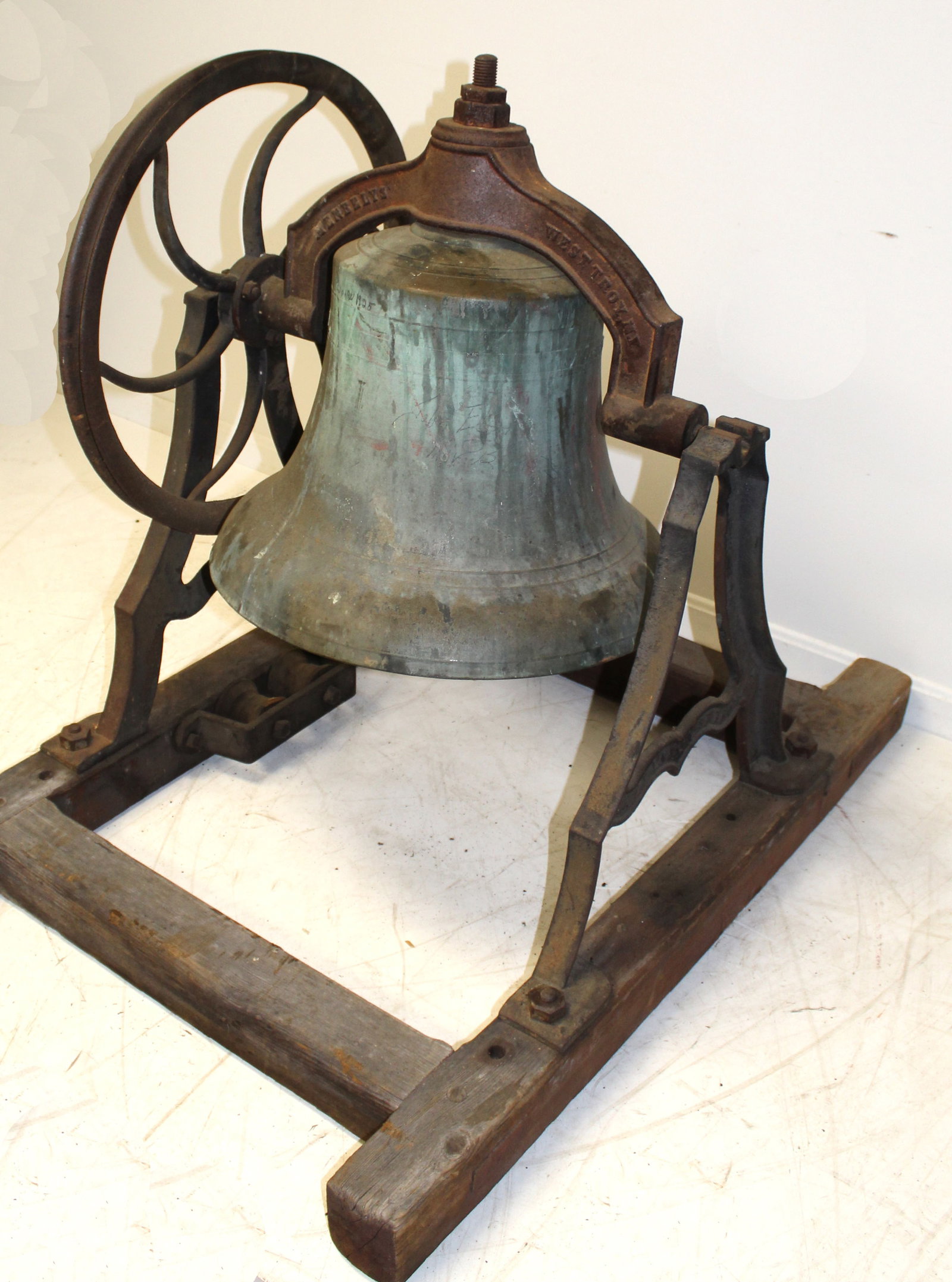 Large bronze bell on wooden stand - 24" tall x 28" wide (at holders) x 21" diam - frame is: Large bronze bell on wooden stand - 24" tall x 28" wide (at holders) x 21" diam - frame is 48"x31"x21" tall