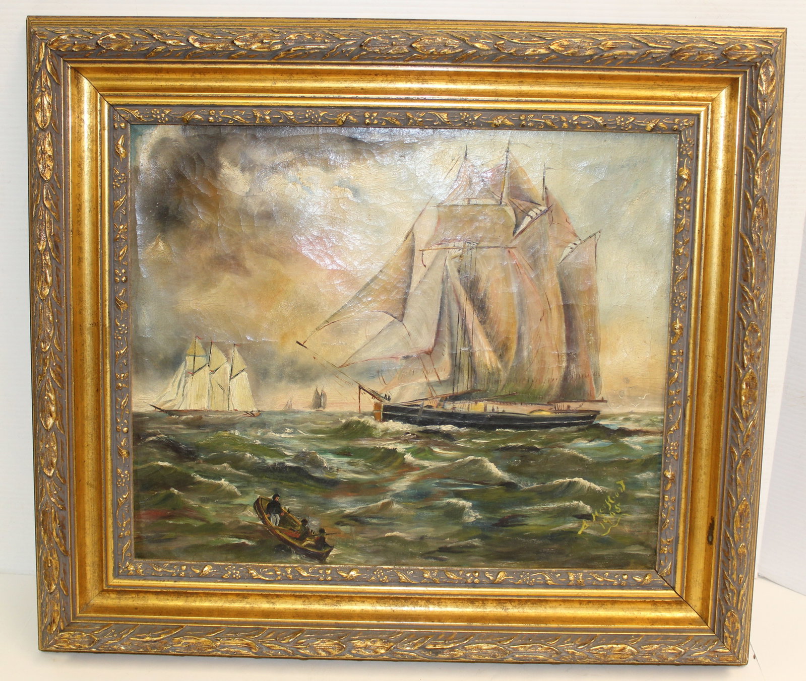 Antique o/c boats on stormy seas - sgnd illegibly & dated 1905 - overall framed size 19 1/2"x22 1/4": Antique o/c boats on stormy seas - sgnd illegibly & dated 1905 - overall framed size 19 1/2"x22 1/4"