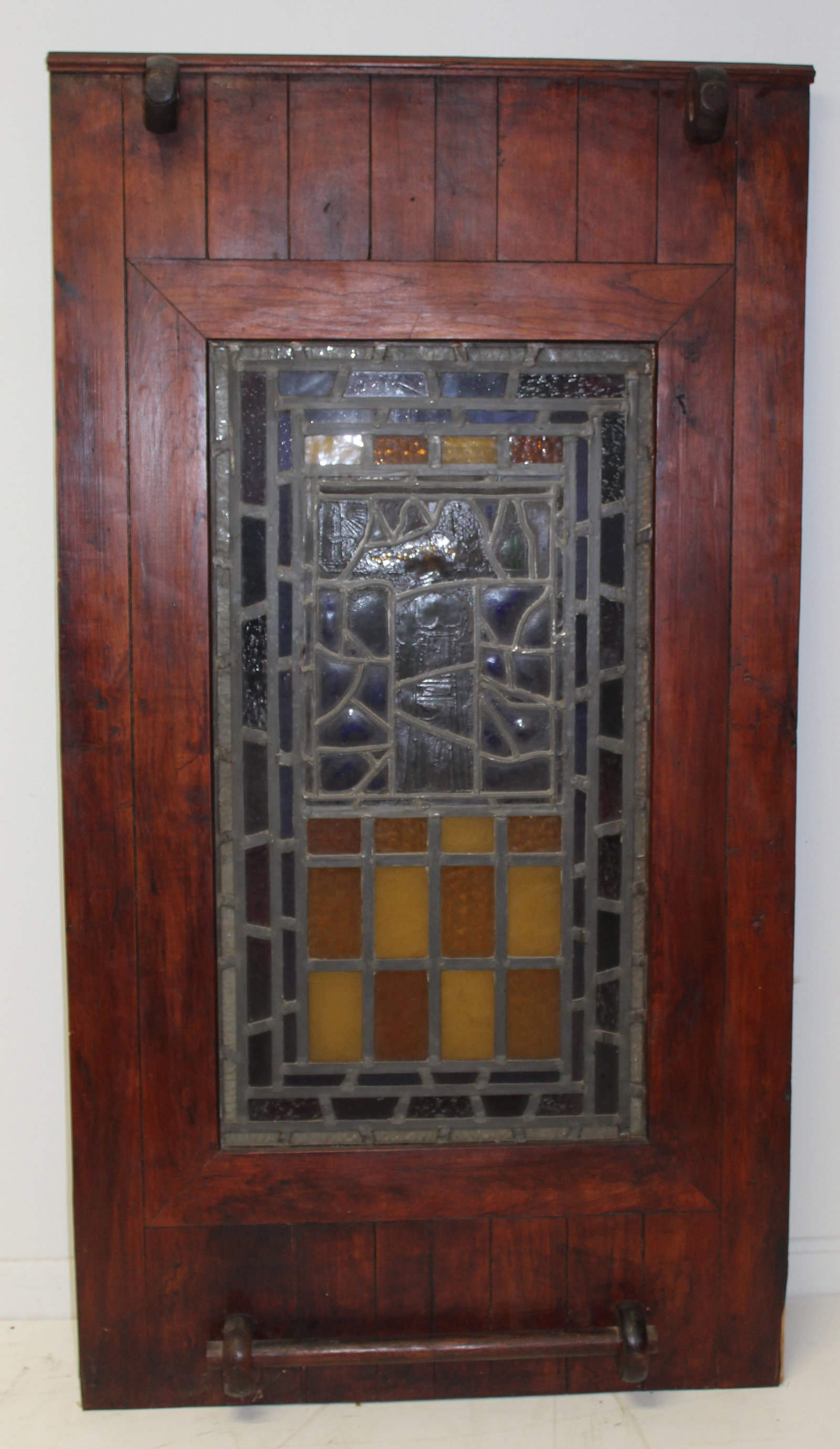 Architectural panel w stained/leaded glass window in center - 58"x31": Architectural panel w stained/leaded glass window in center - interesting non religious theme for a pub/bar! 58"x31"