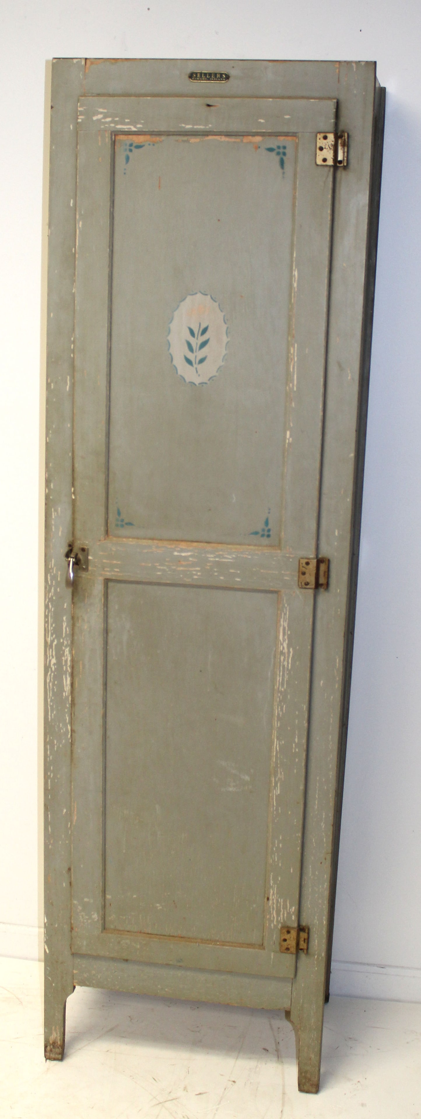 Vintage painted narrow cupboard/locker w interior fitted for shelves (not shelving with it) in: Vintage painted narrow cupboard/locker w interior fitted for shelves (not shelving with it) in gray/green paint by "Sellers Elwood, Indiana" - 72" tall x 20 1/2" wide x 12 1/2" deep
