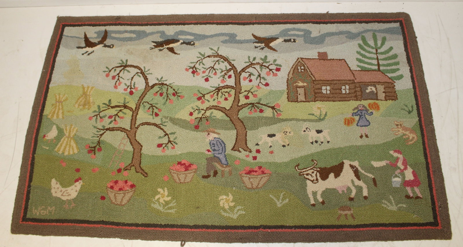 Large vintage hooked rug w autumn homestead scene - 40 1/2"x68 1/2": Large vintage hooked rug w autumn homestead scene - 40 1/2"x68 1/2"