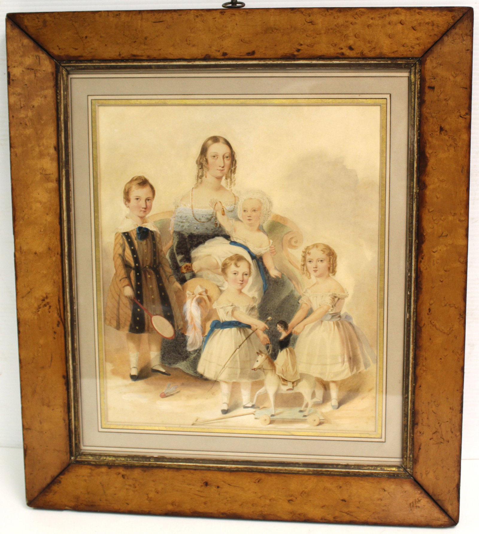 Antique watercolor portrait of a mother and 4 children - overall framed size - 20"x17 1/2: Antique watercolor portrait of a mother and 4 children - overall framed size - 20"x17 1/2