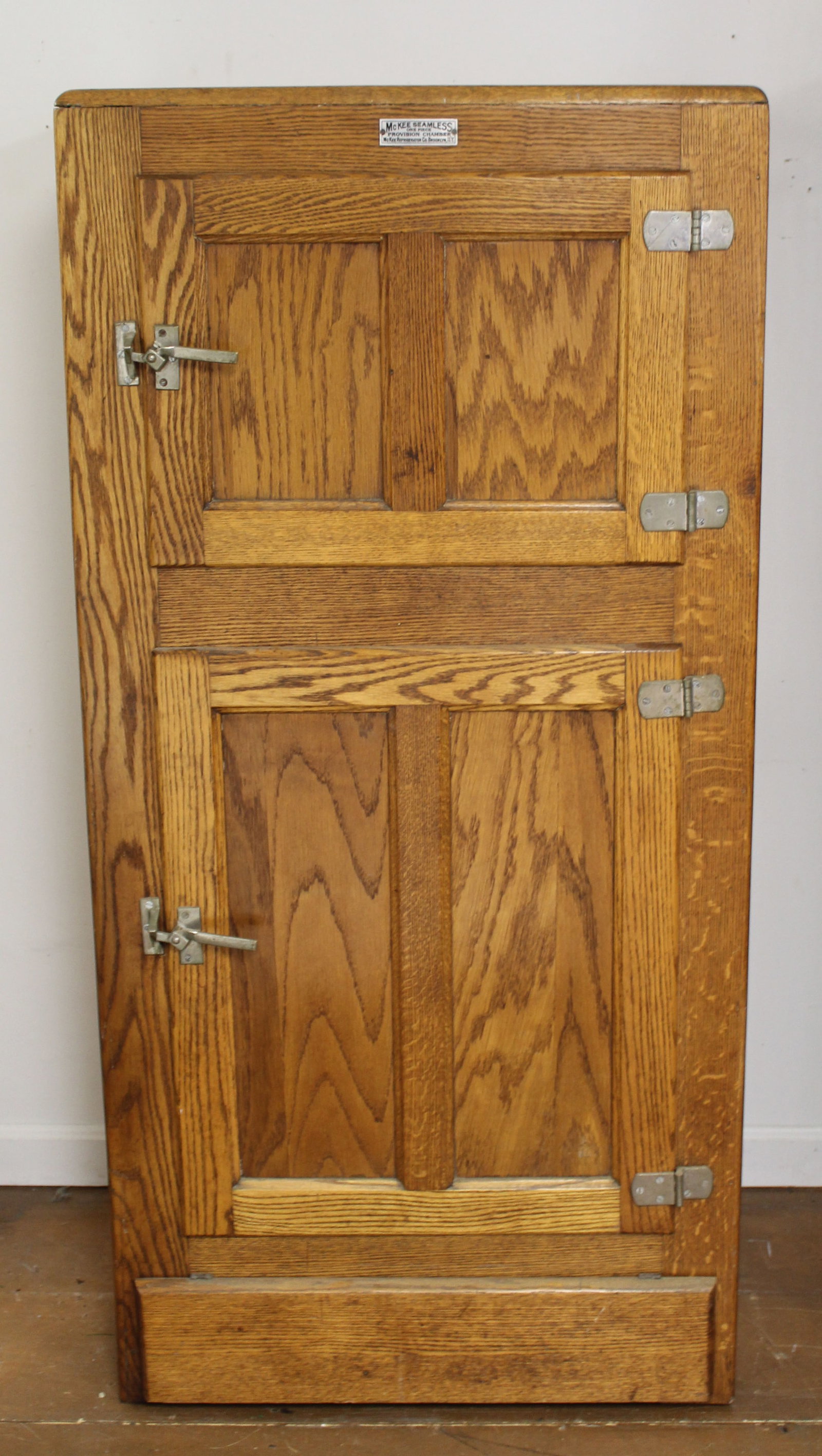 Antique oak icebox by McKee Seamless Refrigeration Co Brooklyn, NY - 58 1/2" tall x 28" wide x 20": Antique oak icebox by McKee Seamless Refrigeration Co Brooklyn, NY - 58 1/2" tall x 28" wide x 20" deep
