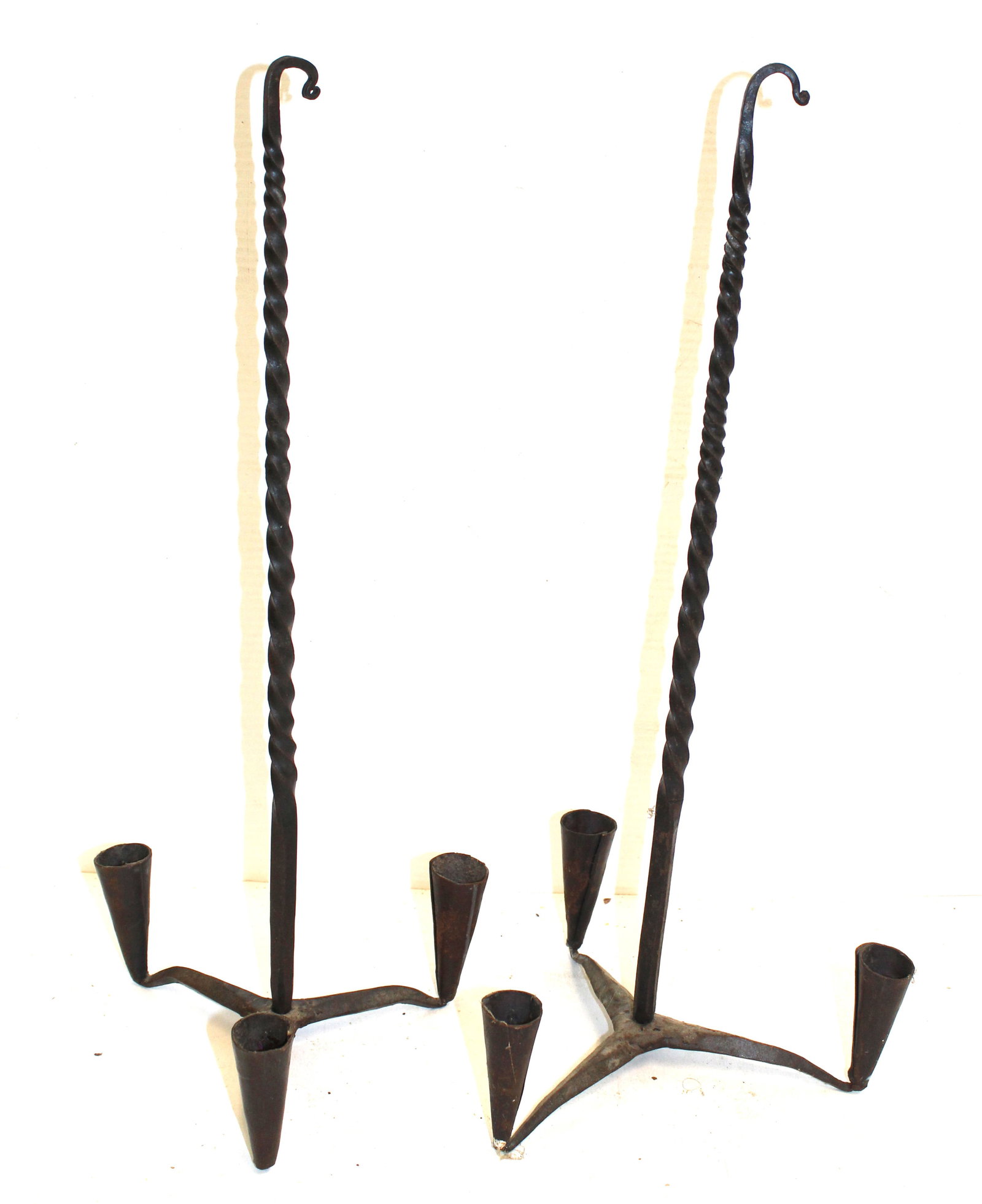 pr of wrought iron hanging candle holders w twisted stem - 19" tall: pr of wrought iron hanging candle holders w twisted stem - 19" tall
