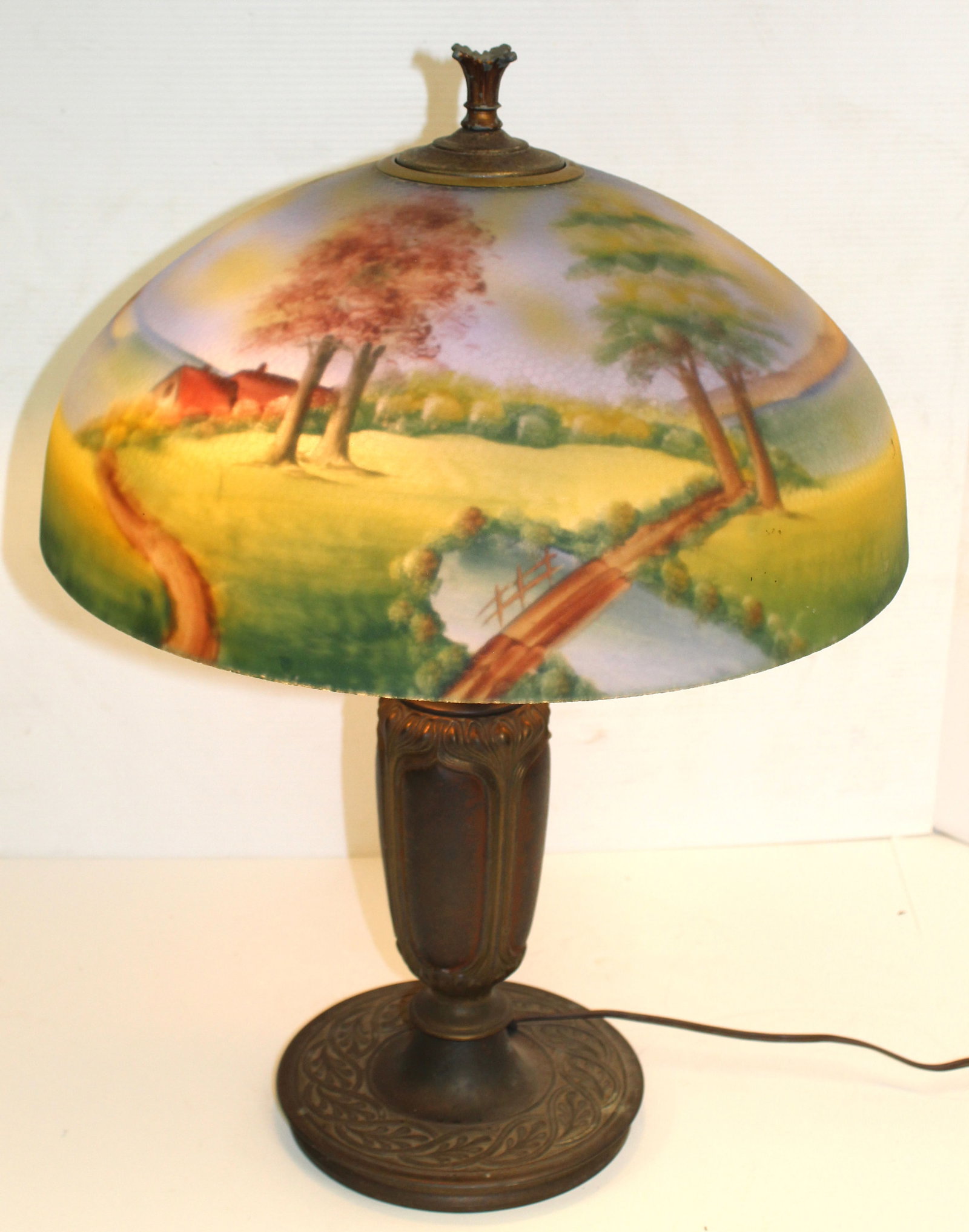 Antique reverse painted on glass Pittsburgh table lamp - 16 1/2" diam shade: Antique reverse painted on glass Pittsburgh table lamp - 16 1/2" diam shade