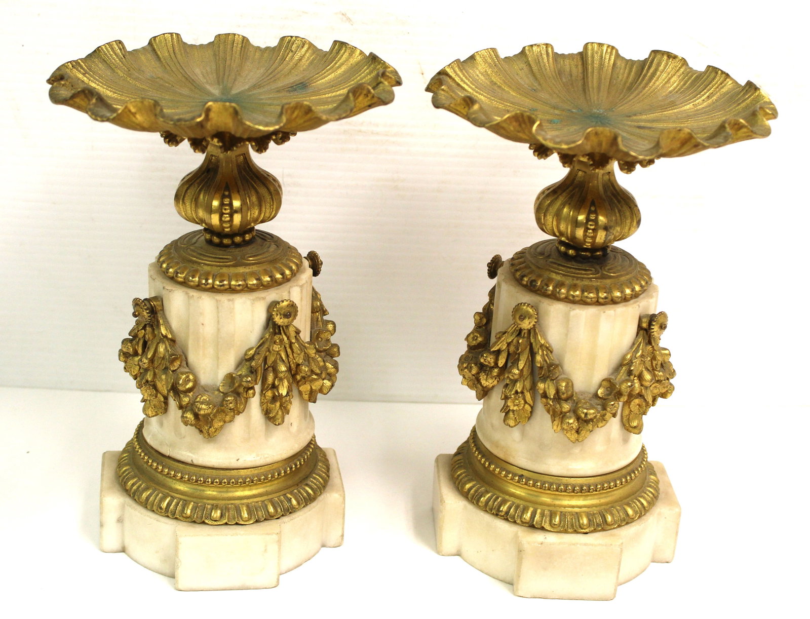 pr of 19thC gilt bronze & marble French garnitures - 9" tall: pr of 19thC gilt bronze & marble French garnitures - 9" tall