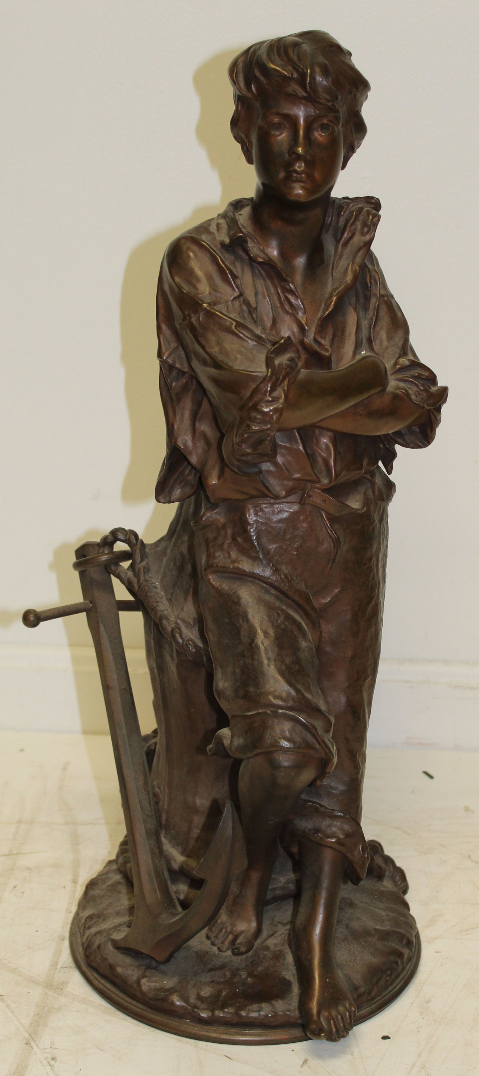 Antique bronze sculpture of a sailor w anchor - signed illegibly - 26" tall: Antique bronze sculpture of a sailor w anchor - signed illegibly - 26" tall