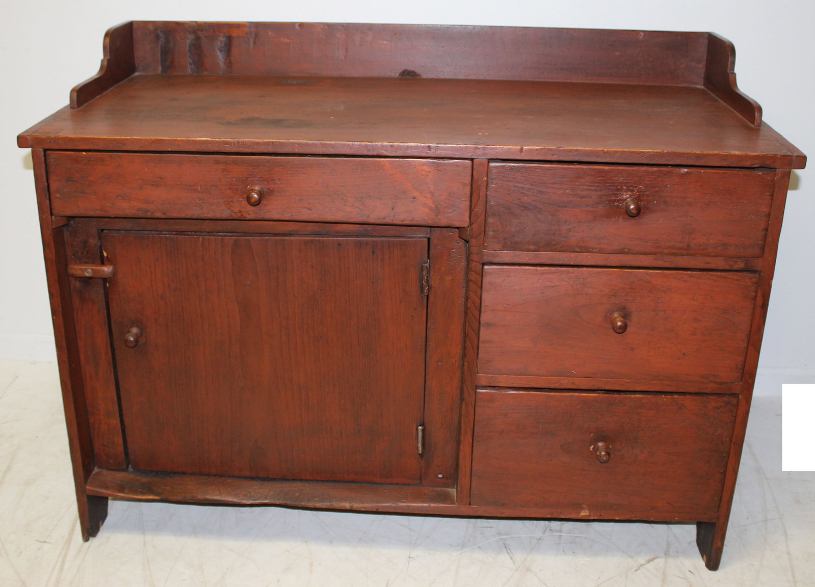 Antique work bench w 1 drawer over cupboard door plus 3 drawers next to door - 25" tall x 45 1/2": Antique work bench w 1 drawer over cupboard door plus 3 drawers next to door - 25" tall x 45 1/2" wide x 19 1/2" deep
