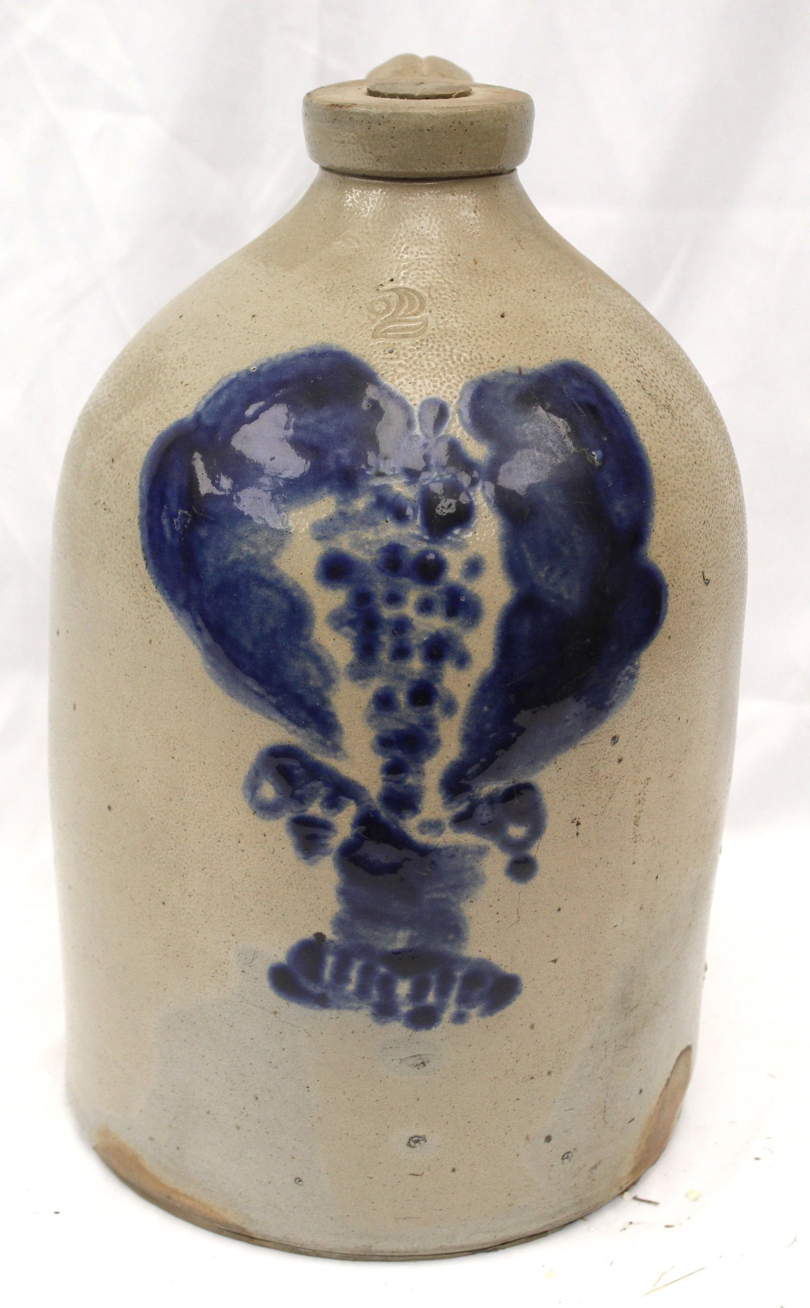 Stoneware jug w floral cobalt dec - 15" tall: Stoneware jug w floral cobalt dec - 15" tall
