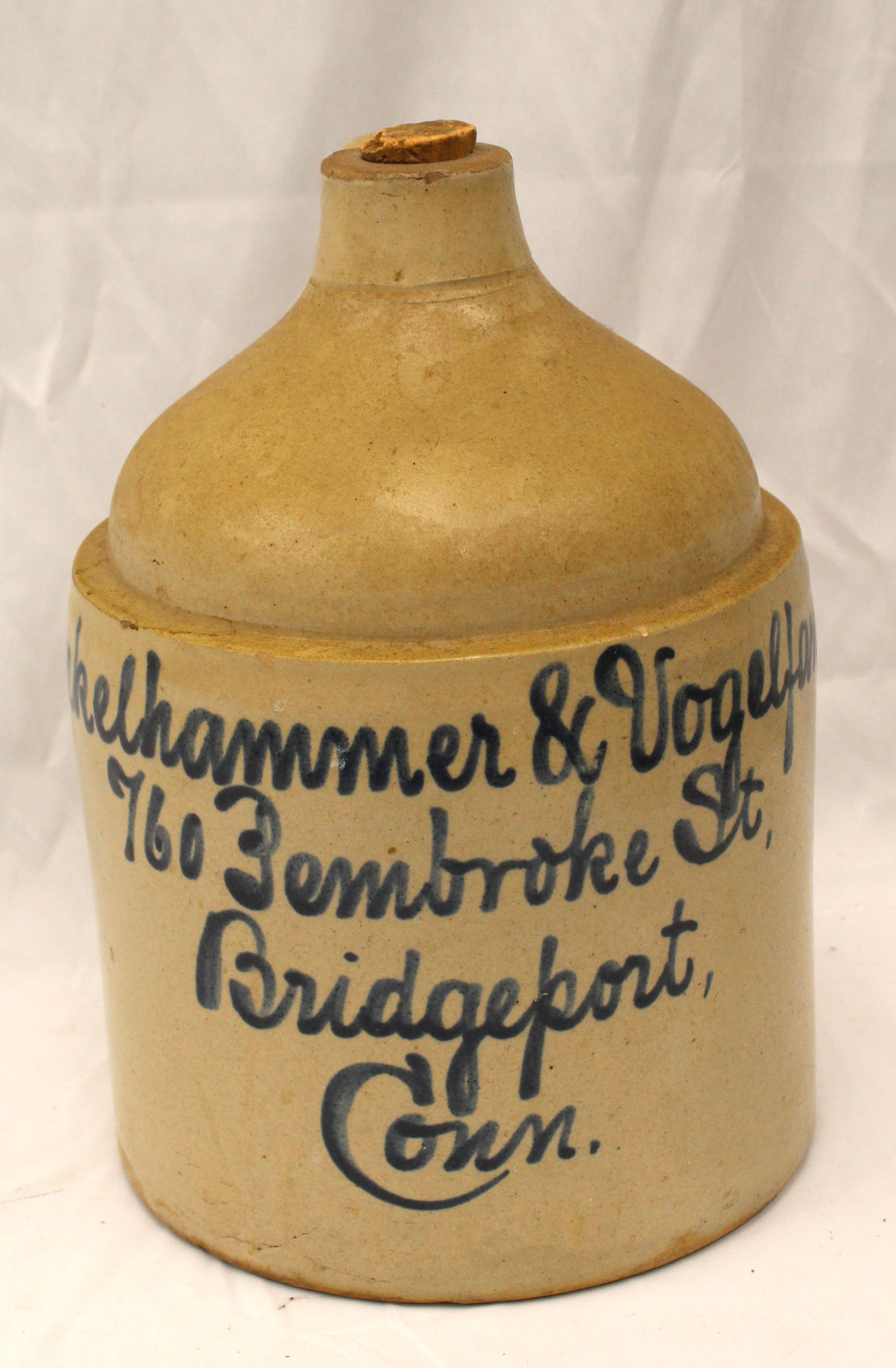 Berkelhammer & Vogelfang Bridgeport, CT stoneware merchant's jug - 14" tall: Berkelhammer & Vogelfang Bridgeport, CT stoneware merchant's jug - 14" tall
