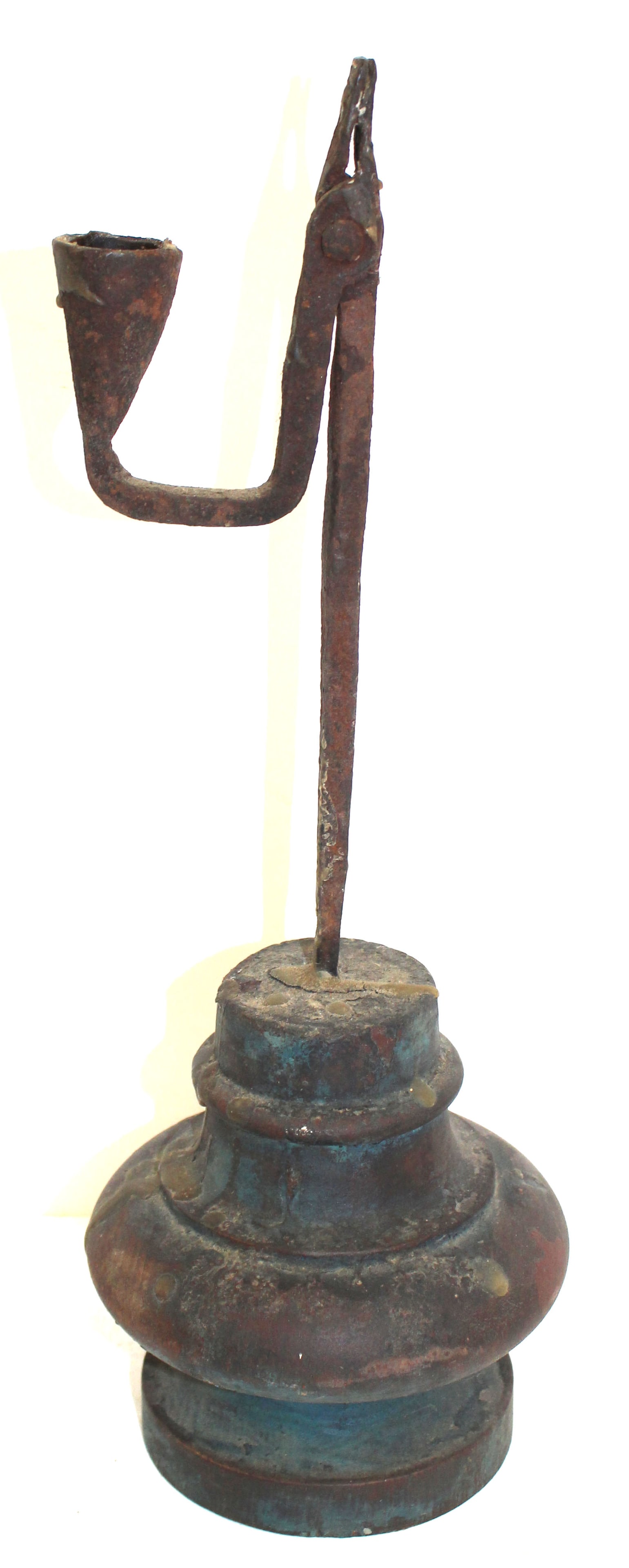 Make-do wrought iron rush light holder on painted blue wooden base: Make-do wrought iron rush light holder on painted blue wooden base