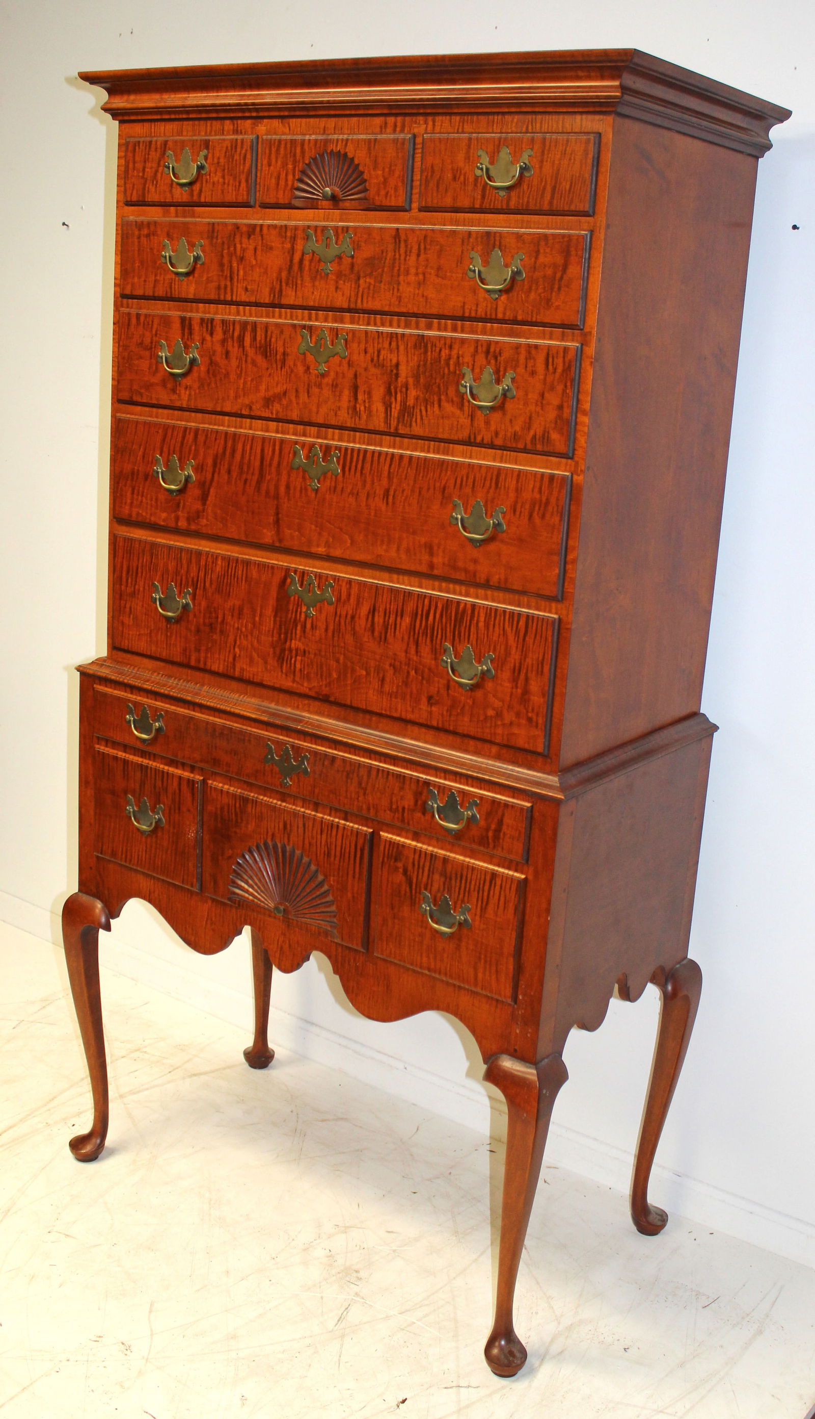 Fine quality bench made Eldred Wheeler tiger maple highboy - 72" tall x 36 1/4" wide x 19 1/2" deep: Fine quality bench made Eldred Wheeler tiger maple highboy - 72" tall x 36 1/4" wide x 19 1/2" deep