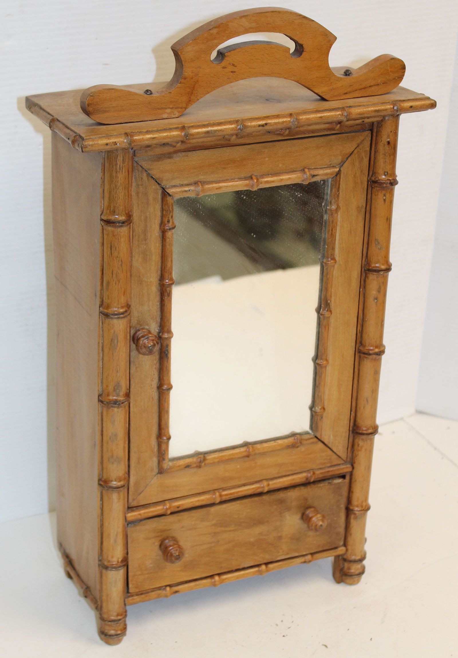 Antique doll/child size faux bamboo style armoire w mirrored door over 1 drawer - 18" tall x11" x 5": Antique doll/child size faux bamboo style armoire w mirrored door over 1 drawer - 18" tall x11" x 5" deep