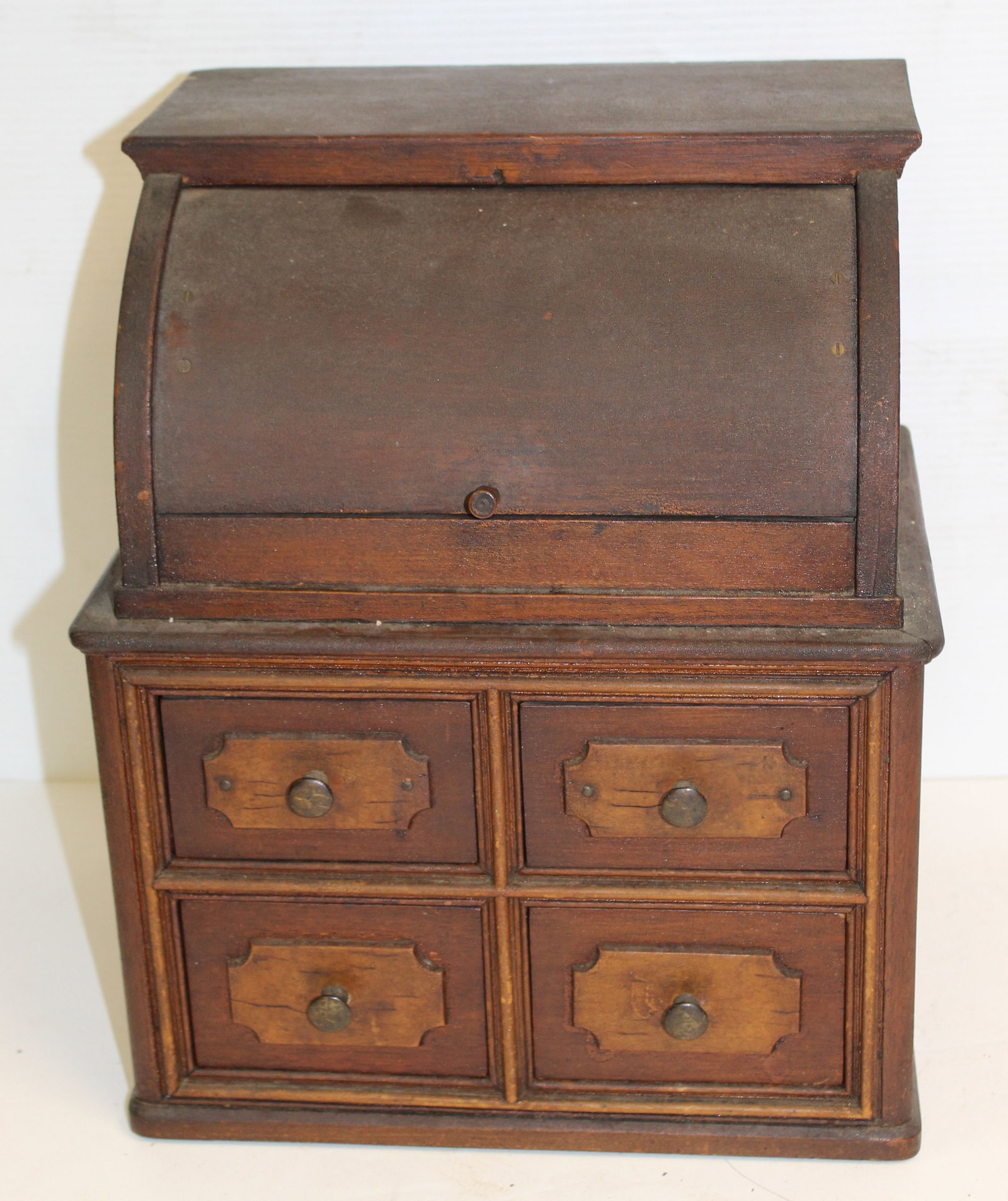 Antique cylinder top wooden spice chest w 4 drawers - 14" tall x 11 1/2" wide x 9" deep: Antique cylinder top wooden spice chest w 4 drawers - 14" tall x 11 1/2" wide x 9" deep
