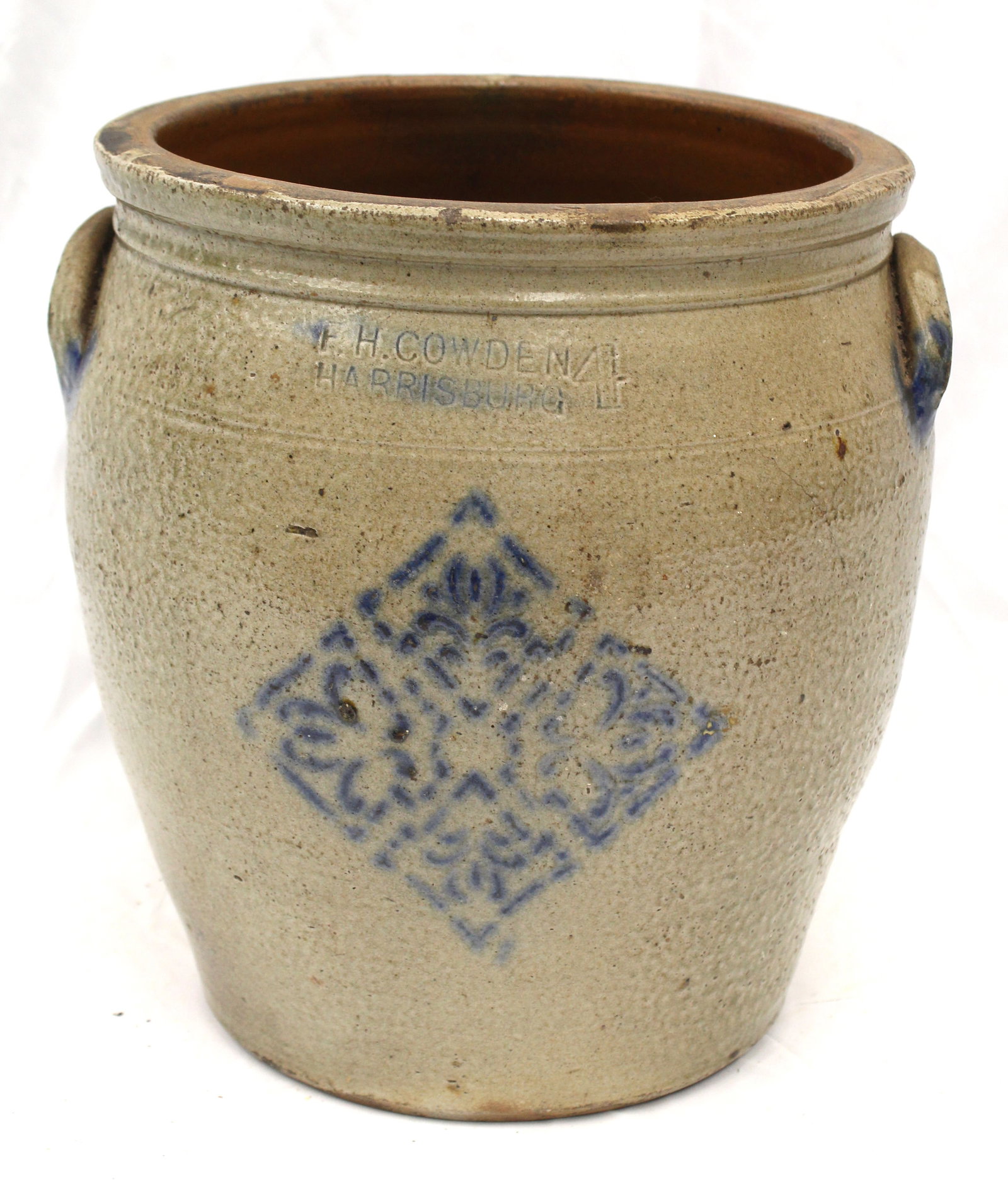 Large FH Cowden Harrisburg stoneware 4 gal ovoid jar w cobalt decoration - 12" x 10 1/2" diam: Large FH Cowden Harrisburg stoneware 4 gal ovoid jar w cobalt decoration - 12" x 10 1/2" diam
