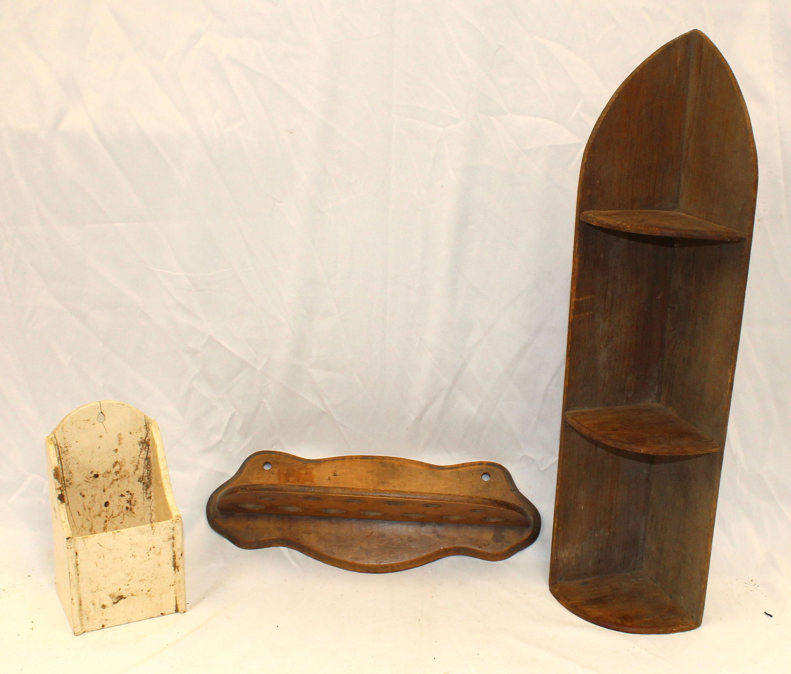 Lot of 3 antique shelves incl small hanging corner shelf, a pipe rack & a wall box in white paint -: Lot of 3 antique shelves incl small hanging corner shelf, a pipe rack & a wall box in white paint - corner shelf is 23" tall x 6 1/2" wide x 5" deep; White wall box is 8" tall x 4 1/2" wide x 3 1/2" d