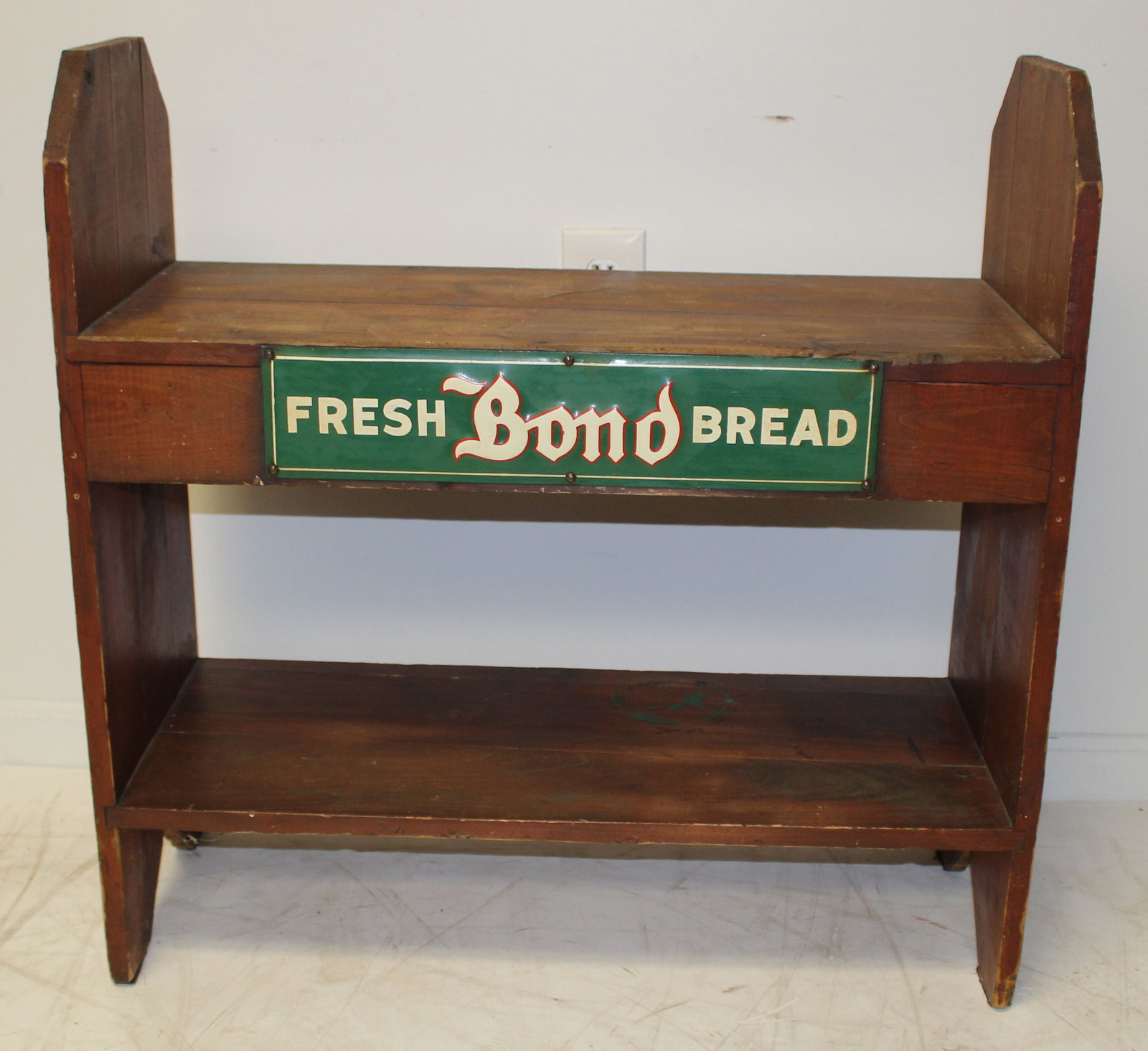 Small antique bucket bench w tin sign attached "Fresh Bond Bread" - 31" tall x 30" wide x 12" deep: Small antique bucket bench w tin sign attached "Fresh Bond Bread" - 31" tall x 30" wide x 12" deep
