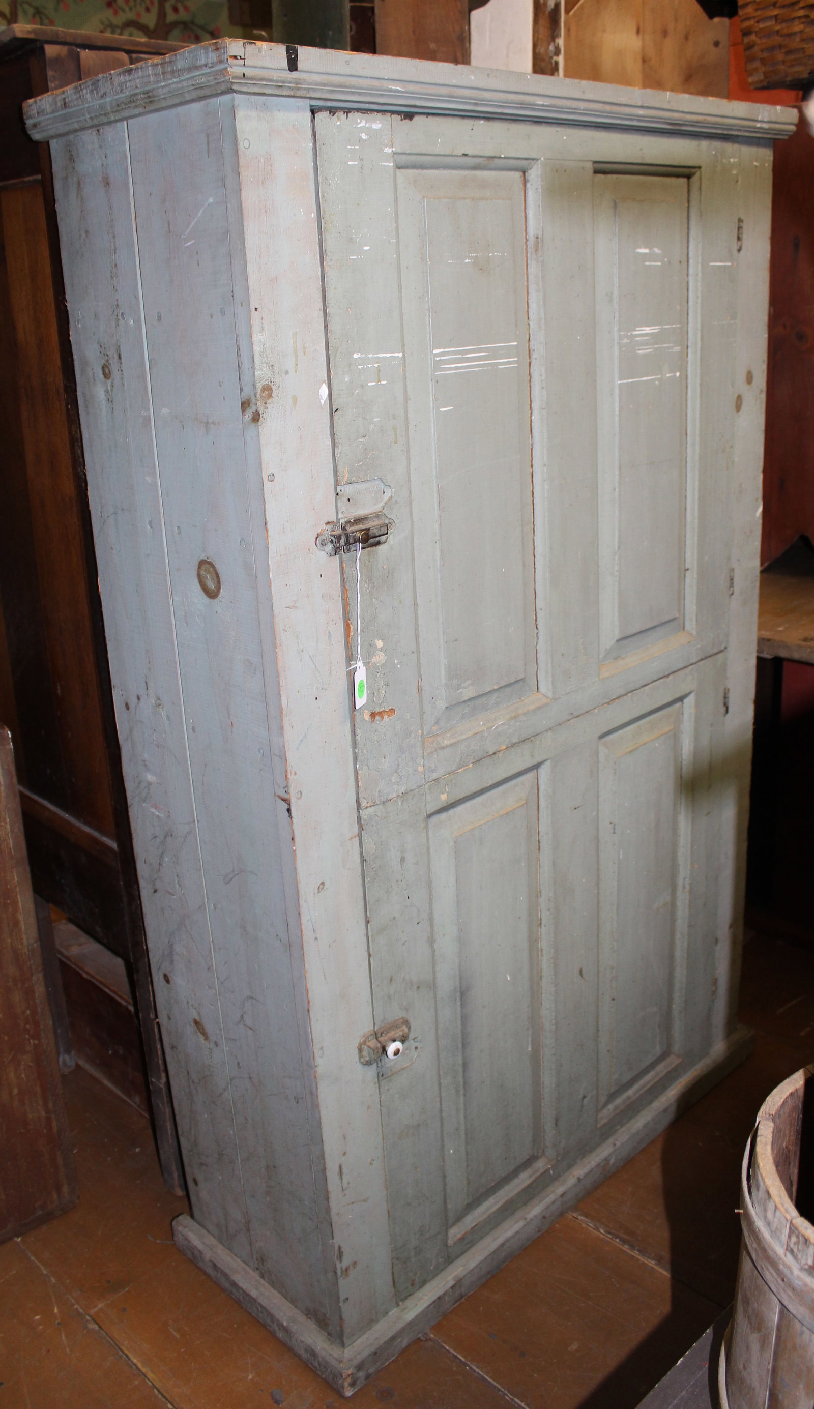 Antique 2 door wall cupboard in light green paint - 55 1/4" tall x 35" wide x 12 1/2" deep: Antique 2 door wall cupboard in light green paint - 55 1/4" tall x 35" wide x 12 1/2" deep