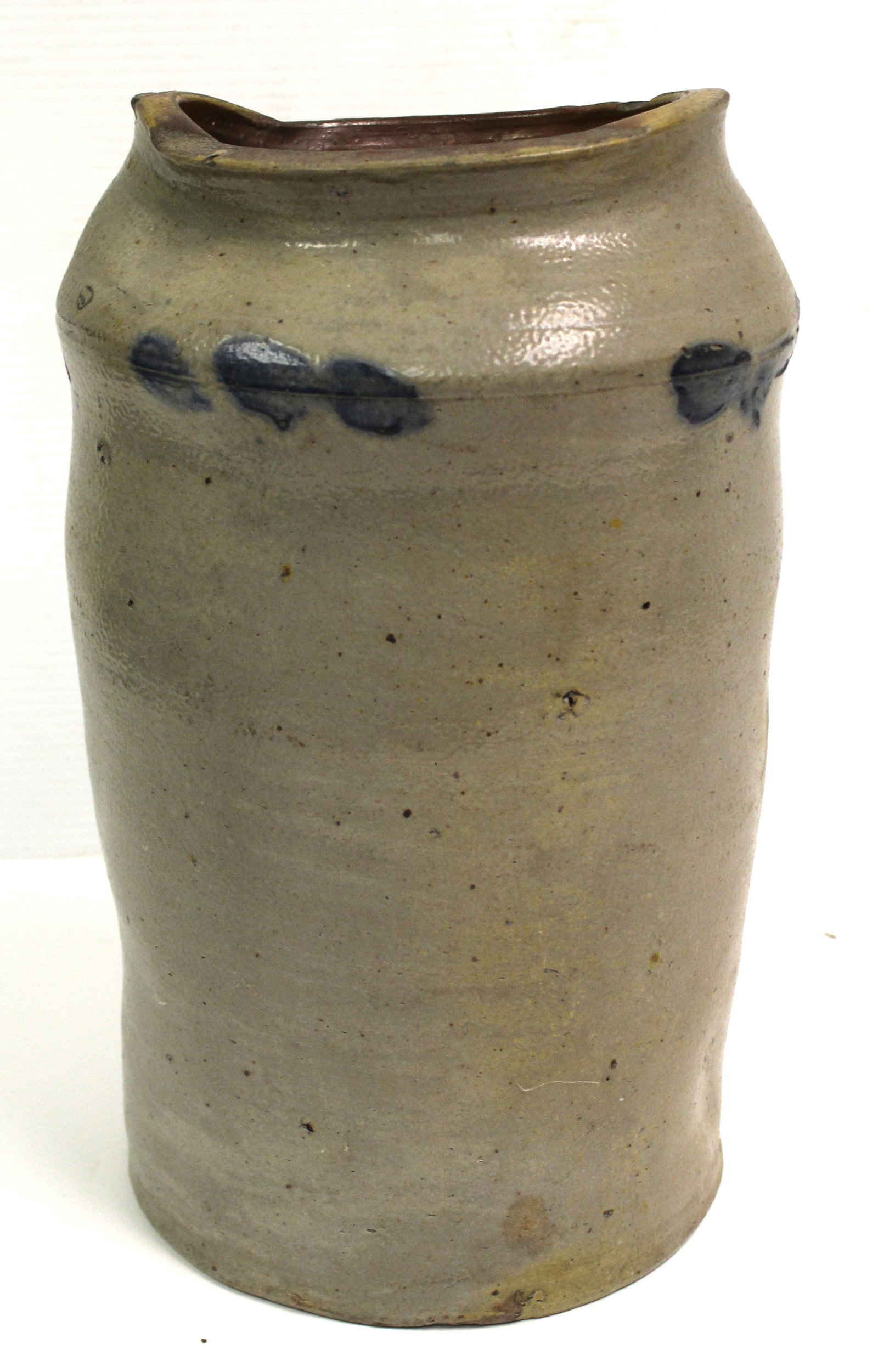 Stoneware jar w cobalt dec & unusual shaped mouth - 13" tall: Stoneware jar w cobalt dec & unusual shaped mouth - 13" tall