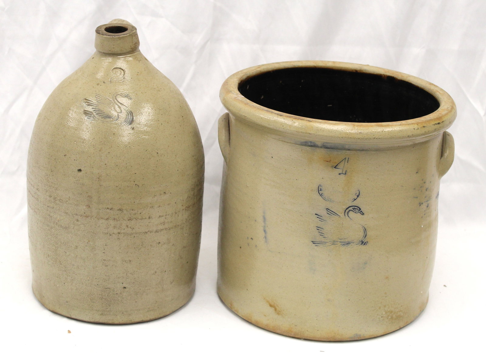 Lot of 2 stoneware items incl 2 gal jug & 4 gal crock by Gardiner Stoneware Co Gardiner, ME - 14": Lot of 2 stoneware items incl 2 gal jug & 4 gal crock by Gardiner Stoneware Co Gardiner, ME - 14" tall & 11" tall x 11" diam