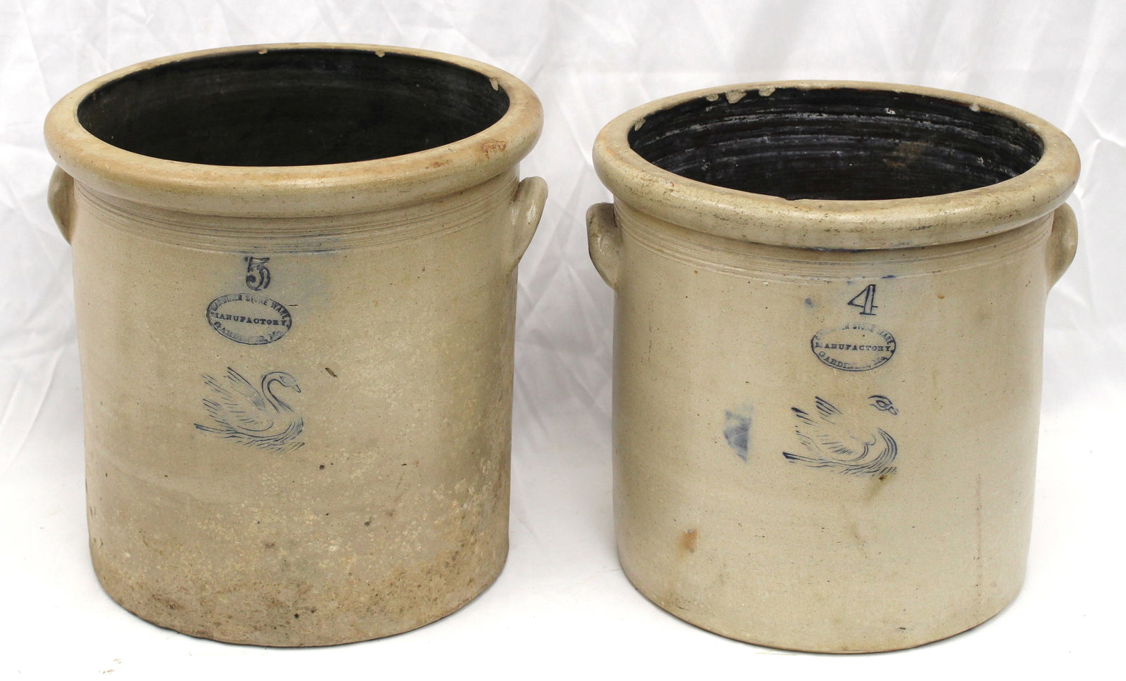 Lot of 2 stoneware crocks by Gardiner Stoneware Co, Gardiner, ME - 4 gal 11 1/2" tall x 11" diam & 5: Lot of 2 stoneware crocks by Gardiner Stoneware Co, Gardiner, ME - 4 gal 11 1/2" tall x 11" diam & 5 gal 12" tall x 12" diam
