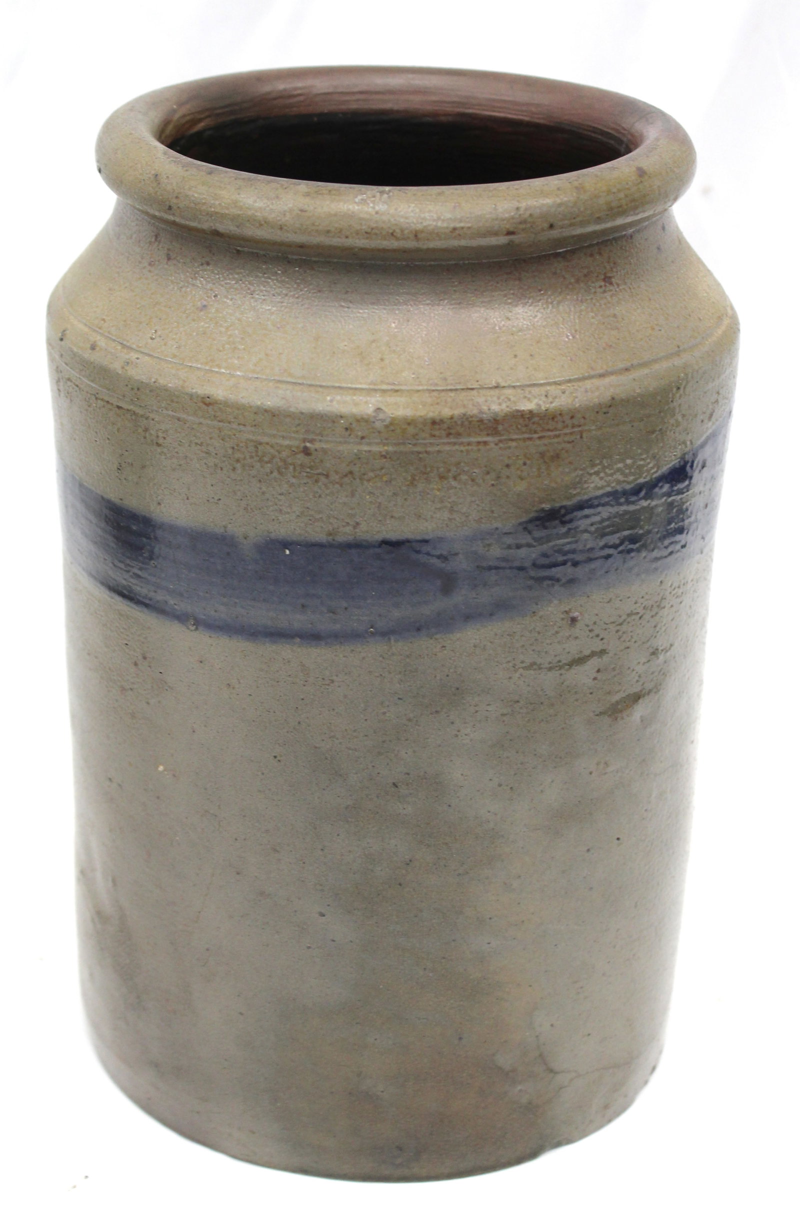 Stoneware jar w cobalt stripe decoration - 10" tall x 5 1/2" diam: Stoneware jar w cobalt stripe decoration - 10" tall x 5 1/2" diam