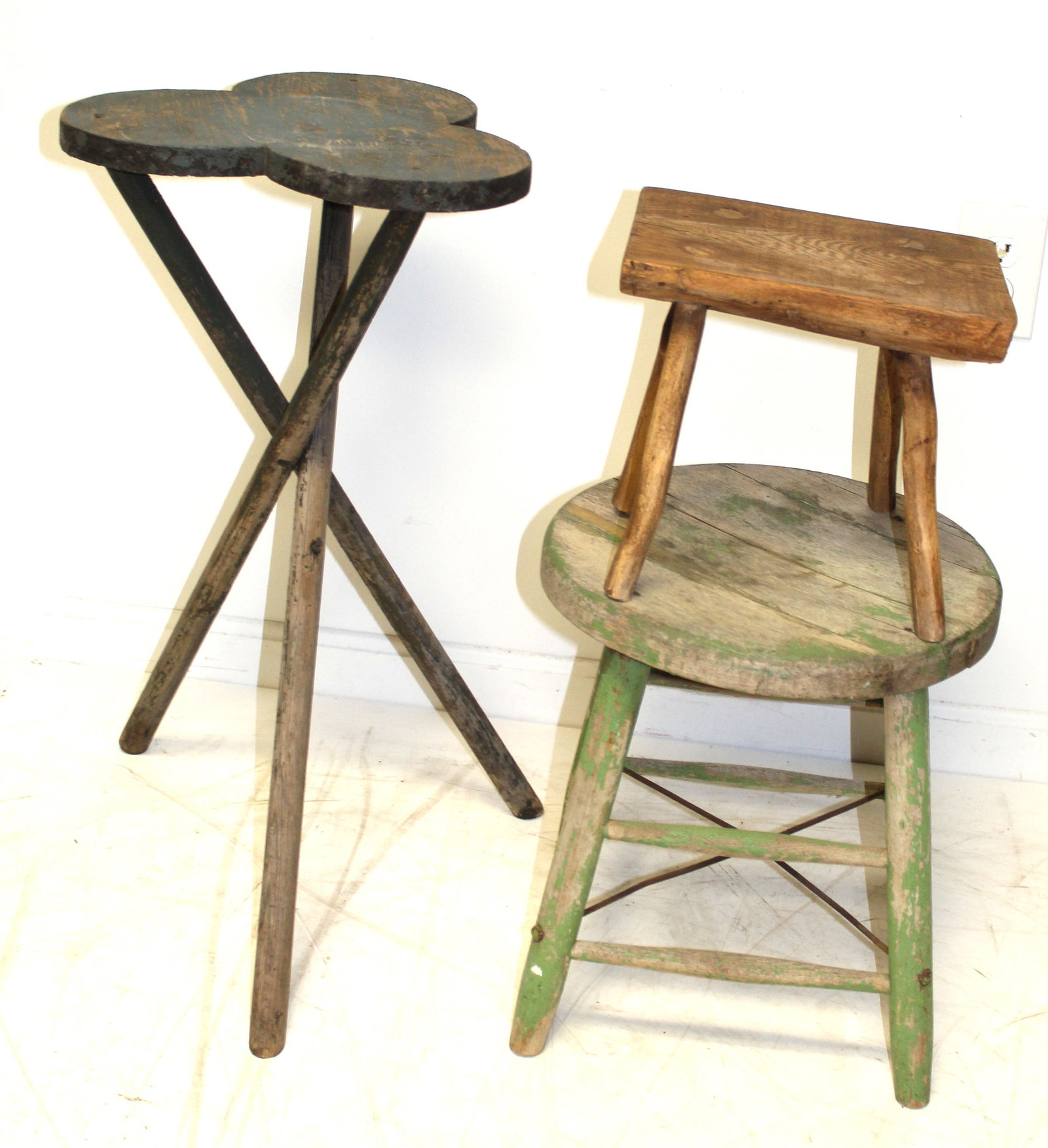Lot of 3 small antique wooden painted furniture items - table w clover top 26 1/2" tall x 14 1/4": Lot of 3 small antique wooden painted furniture items - table w clover top 26 1/2" tall x 14 1/4" wide; milking stool 10" tall x 10 1/2"x7" & utility stool 15" tall x 14" diam