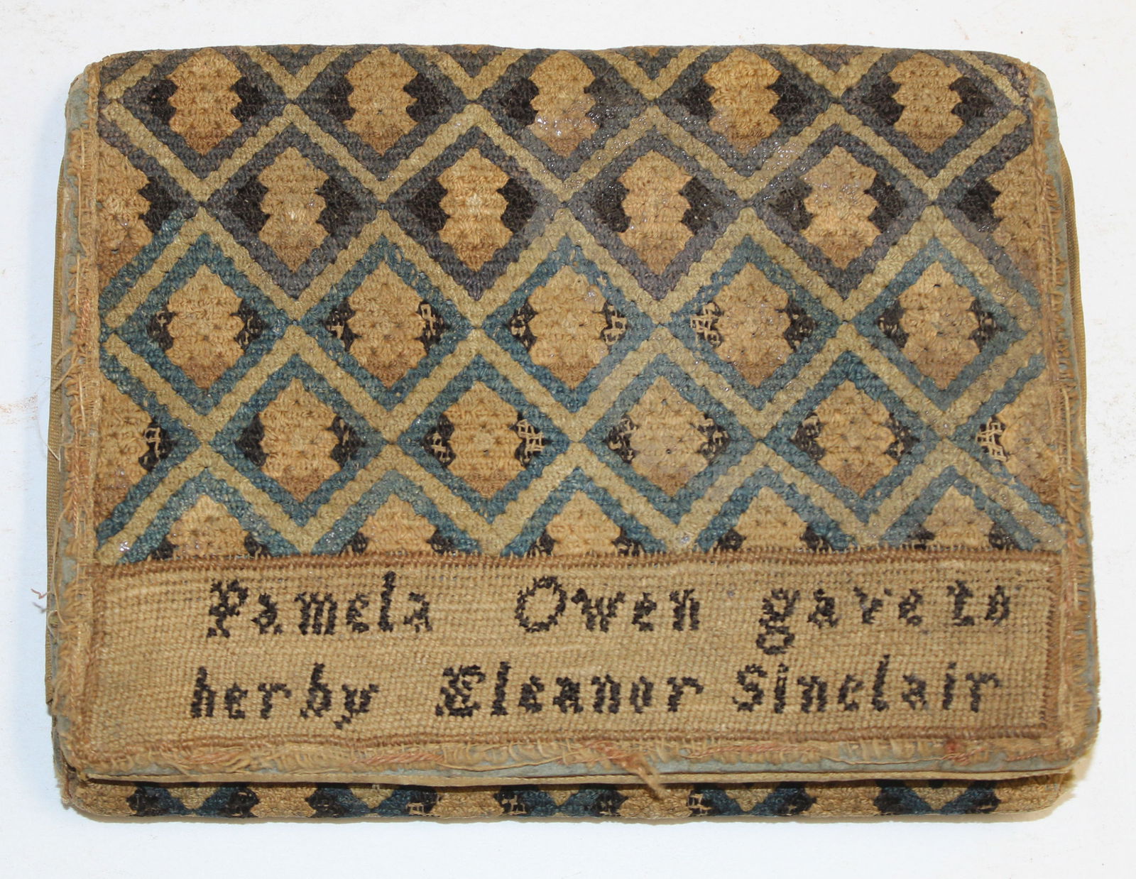 Antique QA stitched wallet w presentation names "Pamela Owen gave to her by Eleanor Sinclair": Antique QA stitched wallet w presentation names "Pamela Owen gave to her by Eleanor Sinclair"