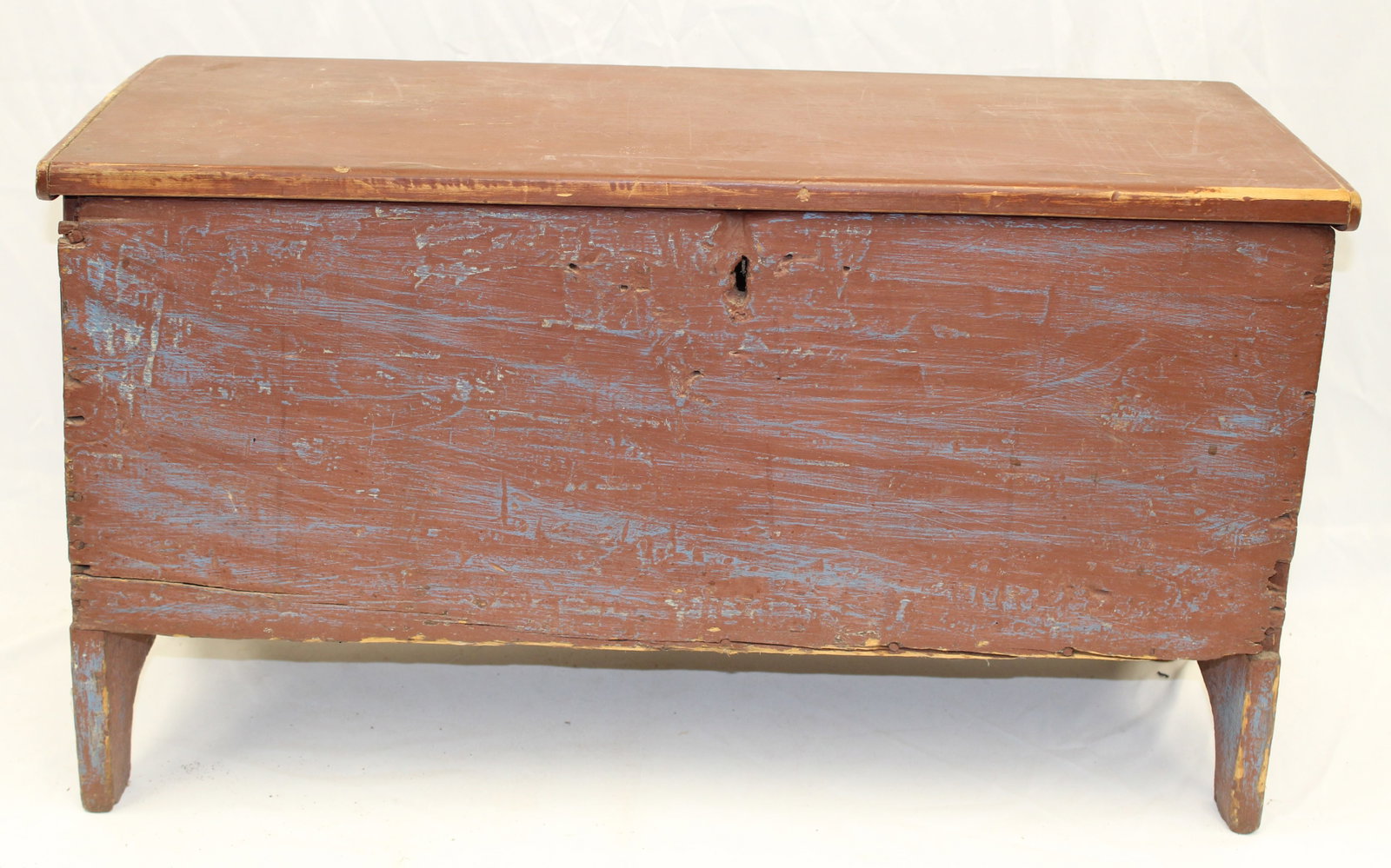 Antique flat top blanket chest w scallop ends in red over blue paint - 16 1/2" tall x 29" wide x 12: Antique flat top blanket chest w scallop ends in red over blue paint - 16 1/2" tall x 29" wide x 12 1/4" deep