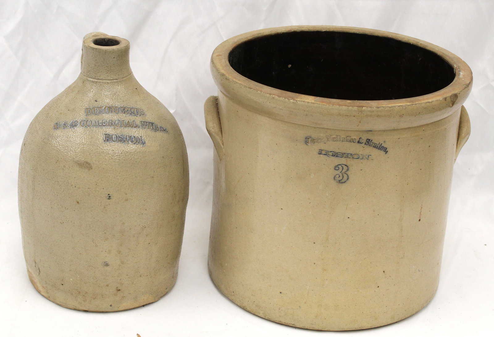 Lot of 2 Boston stoneware items incl Jack McDuffie & Stratton 3 gal crock & Dixon Bros jug - 10 1/2": Lot of 2 Boston stoneware items incl Jack McDuffie & Stratton 3 gal crock & Dixon Bros jug - 10 1/2" x 11" diam & 11" tall