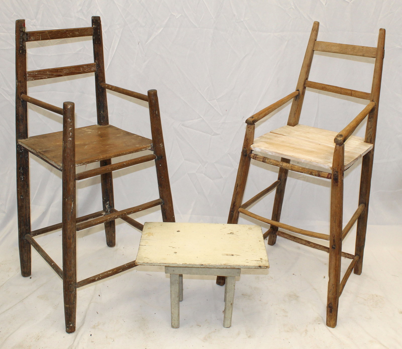 Lot of 3 antique child related furniture items incl 2 youth chairs & a small white stool - 34 3/4" &: Lot of 3 antique child related furniture items incl 2 youth chairs & a small white stool - 34 3/4" & 34" tall chairs & stool is 10" tall x 14"x9 3/4"