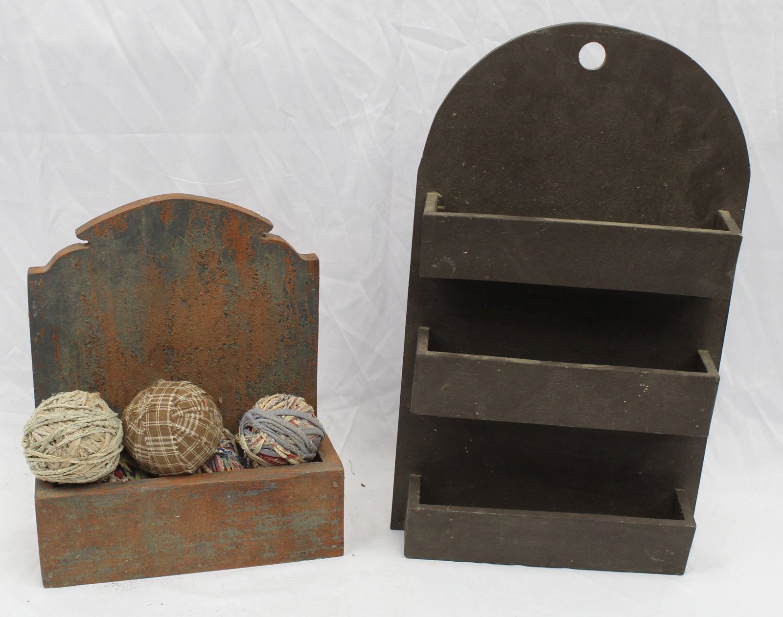 Lot of 2 contemporary antique style hanging wall boxes in red & brown paint - 1 filled rag balls -: Lot of 2 contemporary antique style hanging wall boxes in red & brown paint - 1 filled rag balls - 14" tall x 12" wide x 5" deep & 21" tall x 13" wide x 3" deep